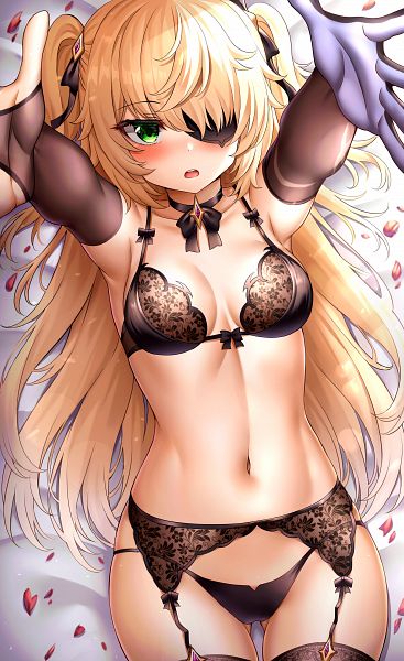 1girls arms_up black_eyepatch black_panties blonde_hair bow bow_bra bra breasts eyepatch fischl_(genshin_impact) genshin_impact gloves green_eyes hair_over_one_eye hair_ribbon lingerie long_hair looking_at_viewer open_mouth panties ribbon skindentation solo solo_female stomach