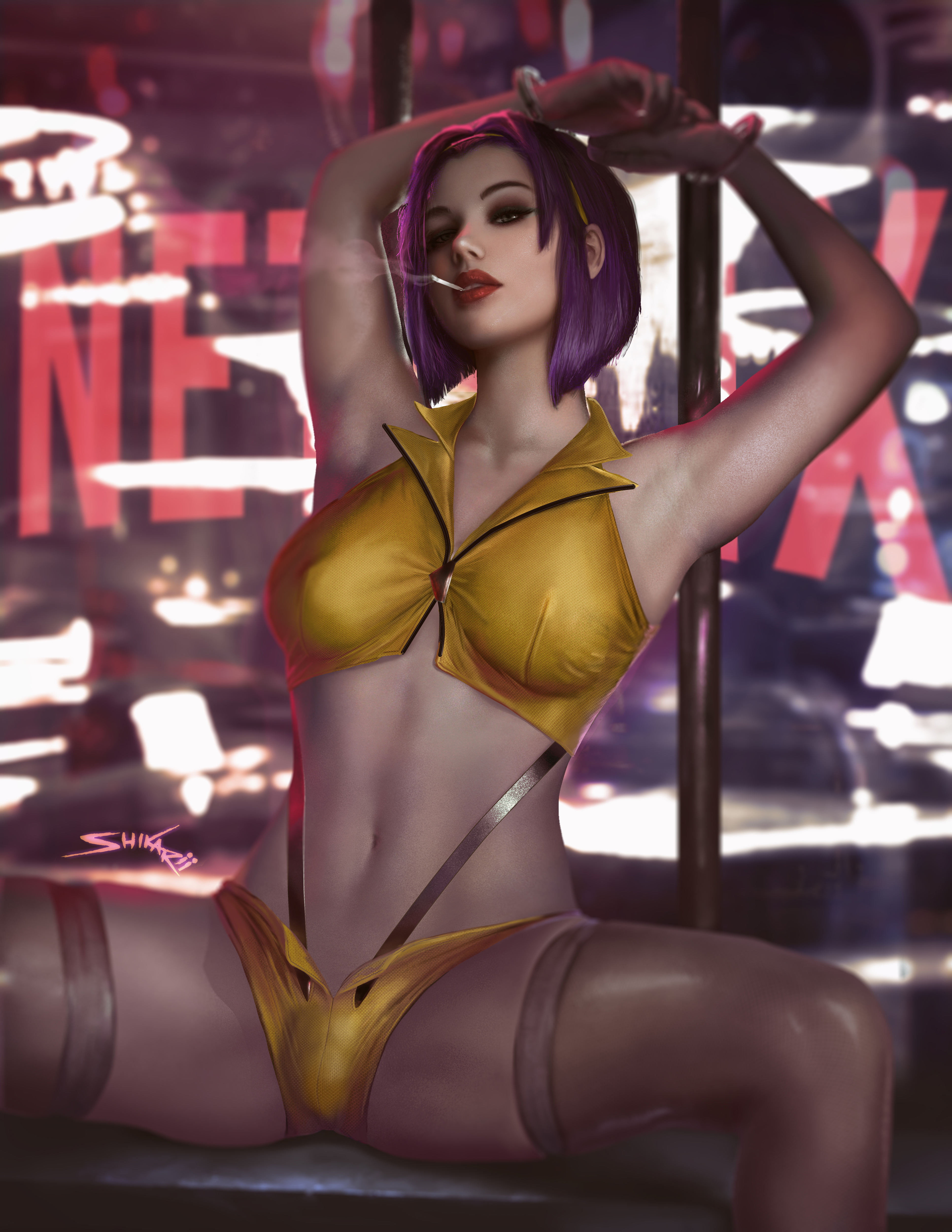 1futa, arms above head, arms up, big breasts, breasts, bulge, cigarette, clothed, clothing, cowboy bebop, erect penis, erection, faye valentine, futa only, futanari, handcuffed, handcuffs, human, intersex, large breasts, light skin, light-skinned futa, mostly nude, paid reward, pale skin, penis, penis under clothes, purple hair, realistic, shikari, sitting, smoking, solo, spread legs, thighhighs, yellow clothing