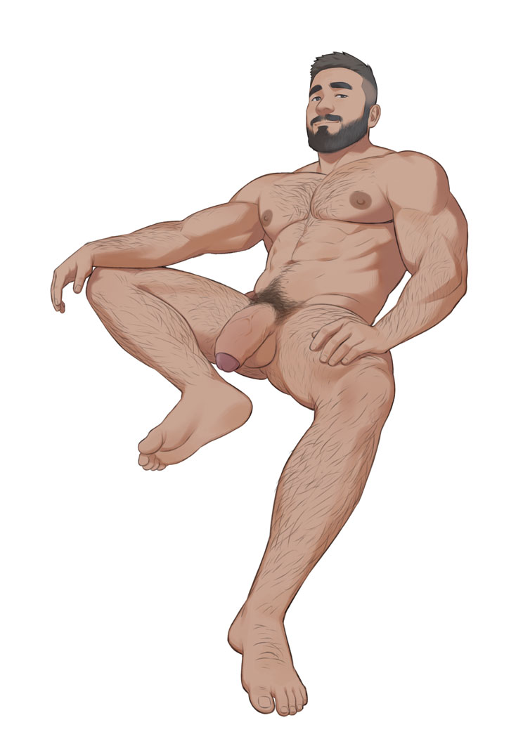 1boy abs arm_hair balls ballsack bara beard body_hair completely_nude dark_skin facial_hair flaccid foreshortening foreskin full_body intact koji_(wildlhz) large_pectorals leg_hair male male_focus male_nipples male_only male_pubic_hair mature_male moustache muscular muscular_male navel navel_hair nipples nude nude_male original partially_retracted_foreskin pectorals penis pubic_hair scrotum short_hair smile solo stomach testicles uncut undercut veins veiny_penis