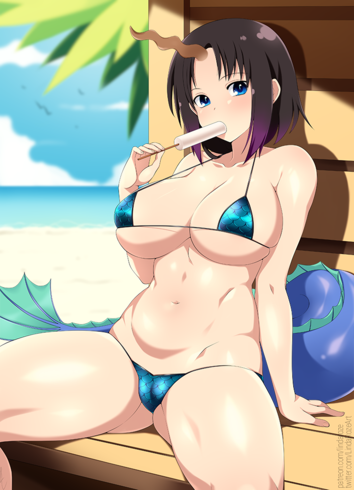 beach, big breasts, breasts, cameltoe, dragon girl, elma (dragon maid), female, horn, lindaroze, micro bikini, miss kobayashi's dragon maid, monster girl, popsicle, pussy, short hair, solo, tagme