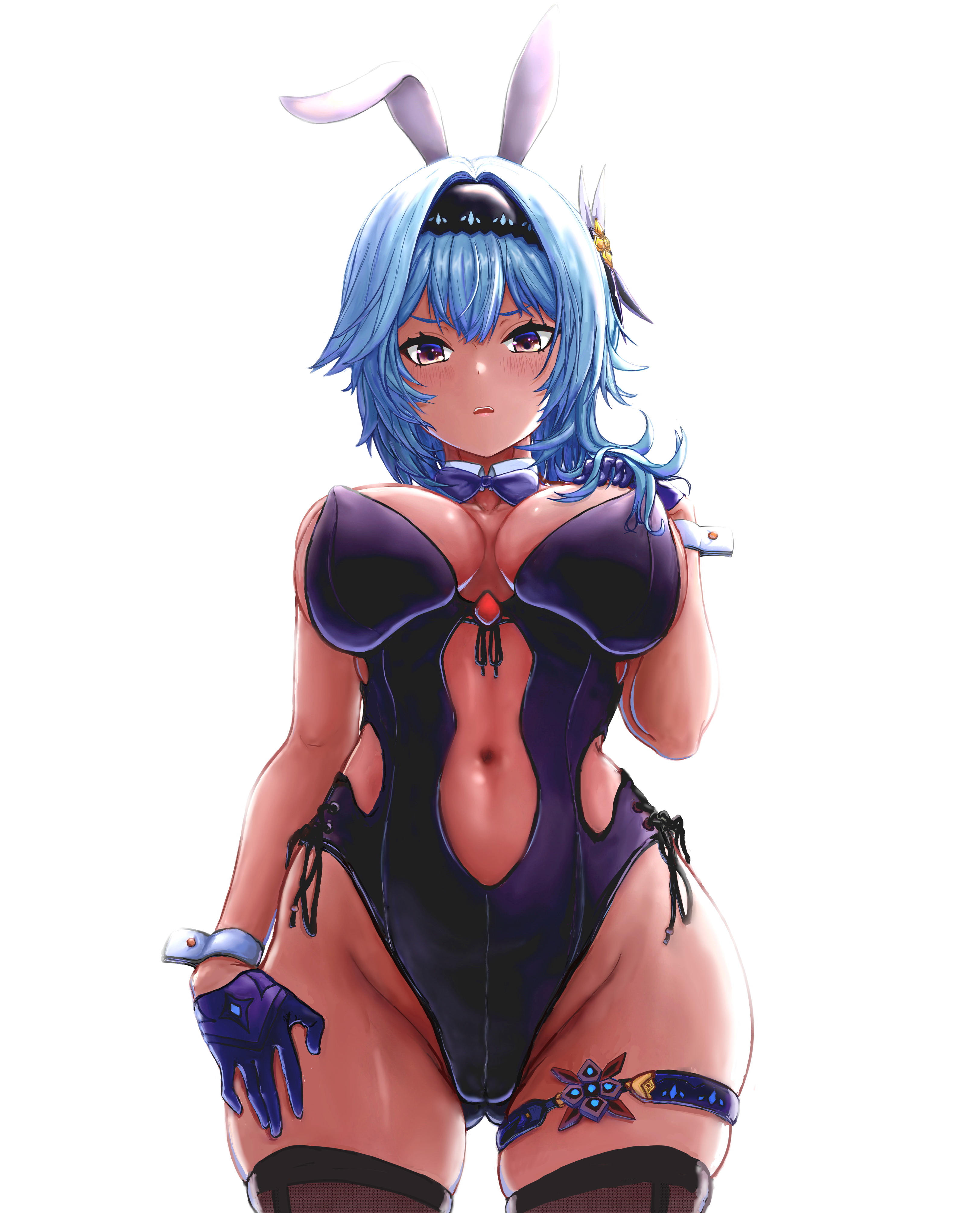 1girls, ass visible through thighs, blush, breasts, bunny ears, bunny girl, bunnysuit, eula (genshin impact), female, genshin impact, gloves, groin, large breasts, looking at viewer, navel, playboy bunny, thick thighs, thighhighs, wide hips