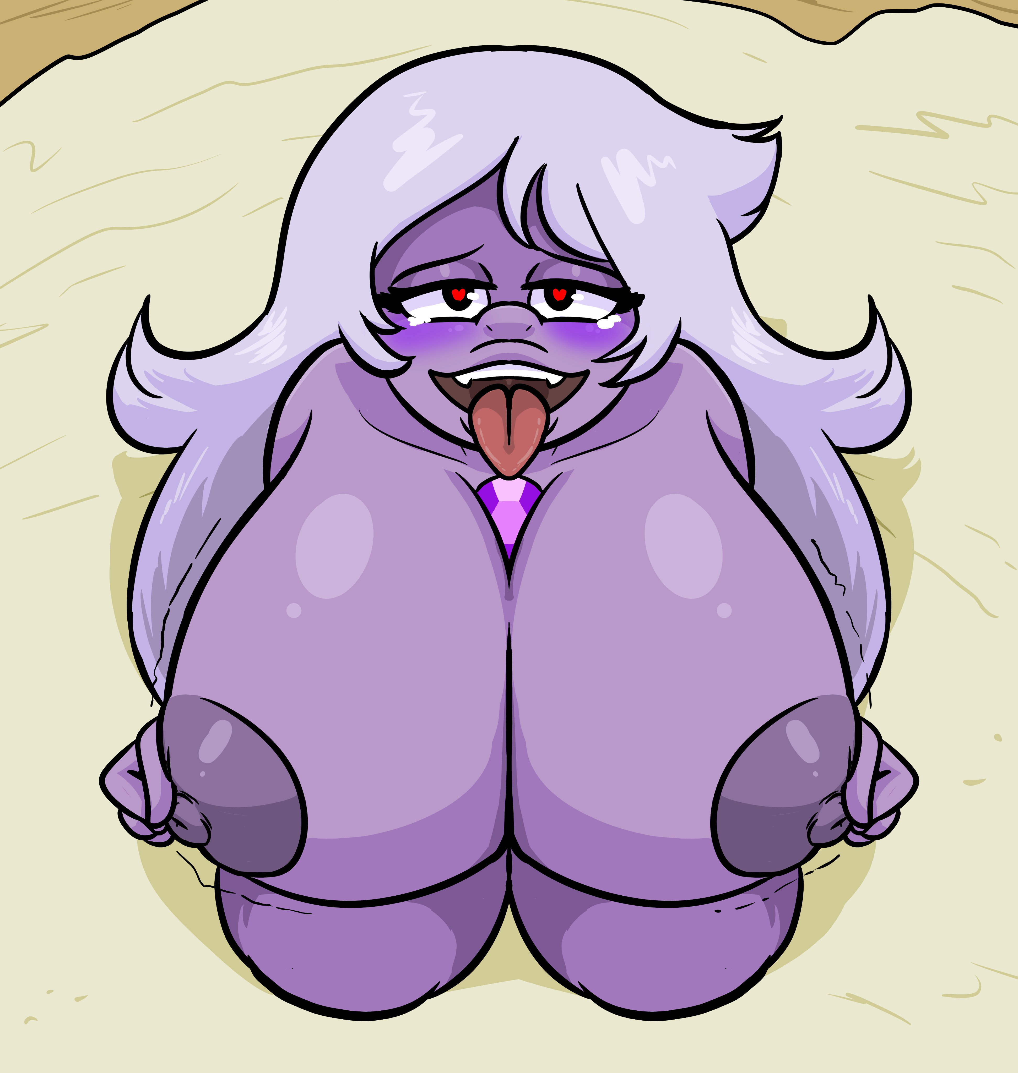 1girls, amethyst (steven universe), areolae, blush, breasts, female, female focus, female only, heart-shaped pupils, horny, huge breasts, humanoid, long hair, looking at viewer, looking pleasured, max1mus, naked, nipples, on knees, purple body, purple hair, purple nipples, purple skin, steven universe, tongue, tongue out, voluptuous
