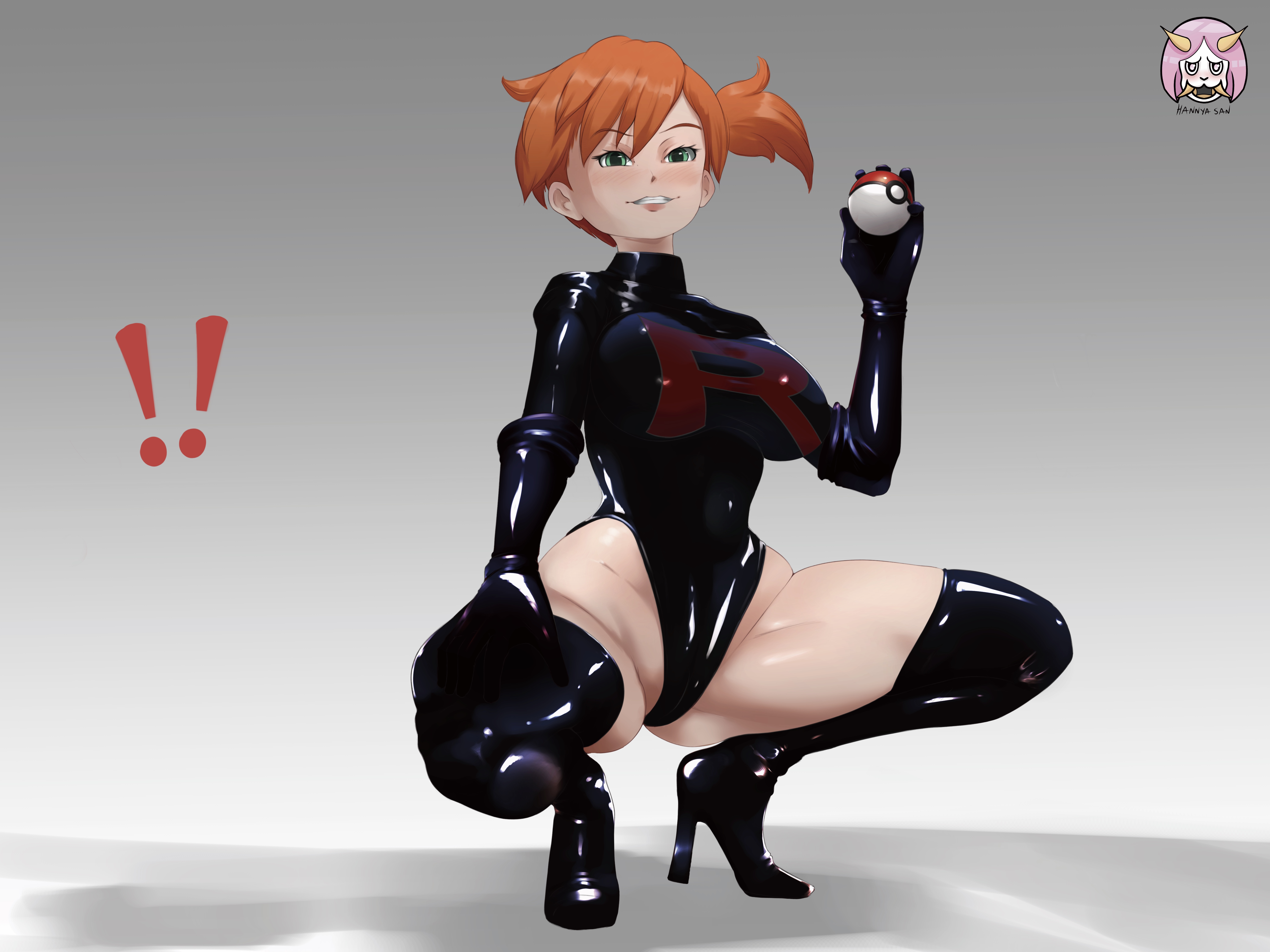 !!, 1girls, alternate breast size, big breasts, black boots, blush, bodysuit, boots, breasts, cameltoe, clenched teeth, clothed, clothing, corruption, curvy, digital media (artwork), elbow gloves, enemy conversion, eyebrows visible through hair, eyelashes, female, female only, gloves, green eyes, grin, hair, half-closed eyes, hand on thigh, hannya san, hi res, high heel boots, highres, holding object, kasumi (pokemon), large breasts, latex, latex bodysuit, latex clothing, latex gloves, latex leotard, latex thighhigh boots, latex thighhighs, legs apart, legs spread, light skin, light-skinned female, looking at viewer, misty (pokemon), nintendo, nipple bulge, open mouth, orange hair, pokeball, pokemon, pokemon (anime), ponytail, pussy, rubber, short hair, simple background, solo, spread legs, squatting, team rocket, teeth, thick thighs, thigh boots, thighhigh boots, thighhighs, tight clothes, tight clothing, tomboy, watermark, white background, wide hips