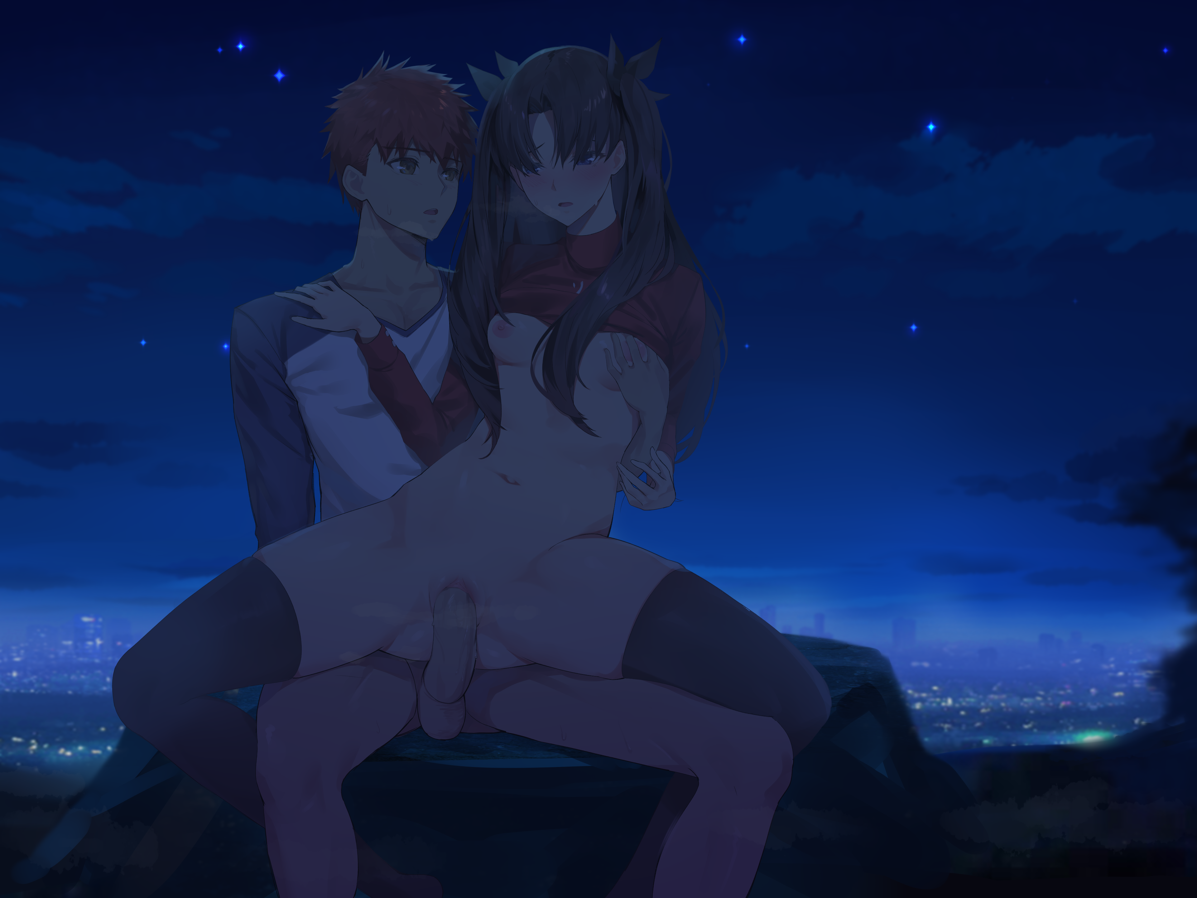 1boy, absurdres, balls, bangs, black hair, black legwear, black ribbon, blinkblink art, blush, bottomless, breast grab, breasts, brown eyes, city, clothes lift, cowgirl position, emiya shirou, fate (series), fate/stay night, feet out of frame, female, grabbing, grabbing from behind, hair ribbon, hand on another's shoulder, highres, long hair, long sleeves, looking at another, looking down, male, naked shirt, navel, night, night sky, nipples, no bra, open mouth, outdoors, parted bangs, penis, pussy, raglan sleeves, red hair, red shirt, repost, revision, ribbon, rock, sex, shirt, shirt lift, sky, spread legs, stomach, straddling, straight, testicles, thighhighs, tohsaka rin, two side up, uncensored, vaginal penetration, white shirt