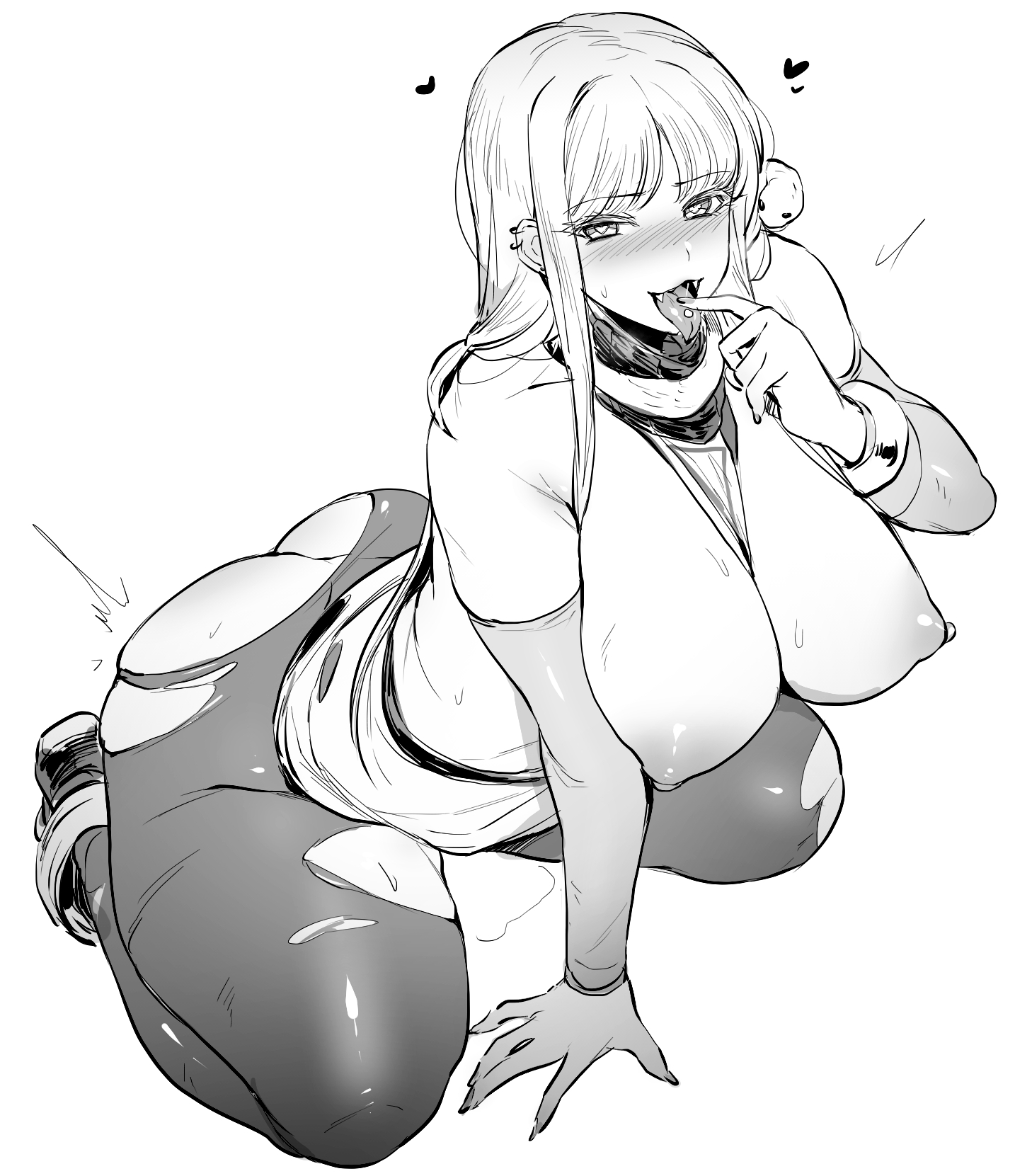 1girls, ass, belly, big ass, big breasts, blush, breasts, character request, copyright request, female, female only, fringe, greyscale, kneeling, monochrome, monotreme, nails, nipples, open mouth, ripped clothing, ripped leggings, solo, thick thighs, thirty 8ght, tongue, tongue out, tongue piercing