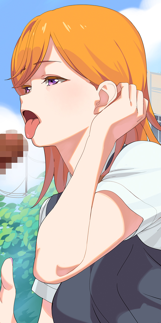 1boy a1 blue_sky censored cloud day female highres love_live! love_live!_superstar!! mosaic_censoring open_mouth orange_hair outdoors penis purple_eyes school_uniform shibuya_kanon short_hair sky solo_focus straight tongue yuigaoka_school_uniform