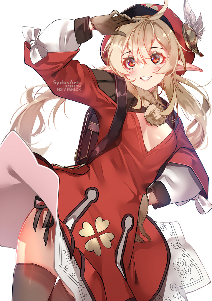 1girls, adult, aged up, blonde hair, breasts, cleavage, dress, dress lift, exposed breasts, female, genshin impact, klee (genshin impact), pointy ears, red eyes, sydus, thick thighs, thighhighs, thighs