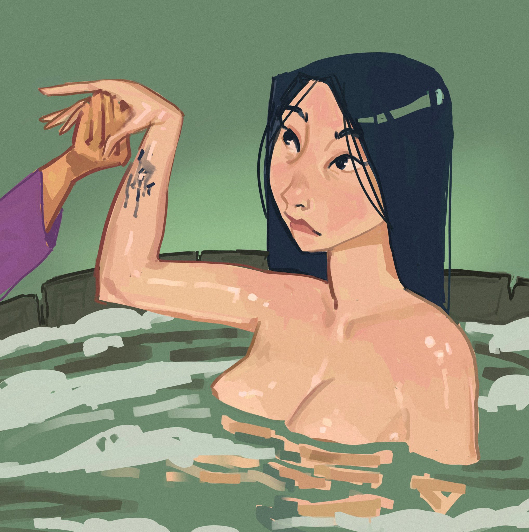 asian, asian female, bath, black hair, breasts, disney, fa mulan, female, hygienic cat, male, mulan, nipples, solo focus