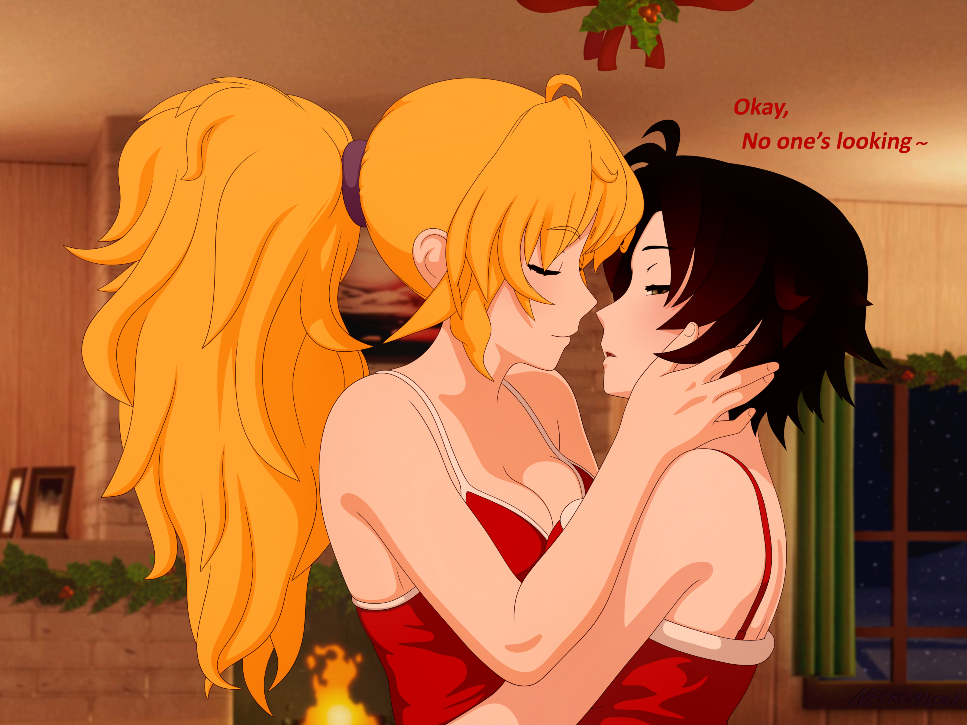 2girls, almost kissing, blonde female, blonde hair, christmas, christmas outfit, cleavage, clothed female, dialogue, female, female only, girls kissing, half-sisters, imminent kiss, incest, long hair, long hair female, mistletoe, multiple girls, necromalock, ponytail, ruby rose, rwby, sisters, yang xiao long, yuri