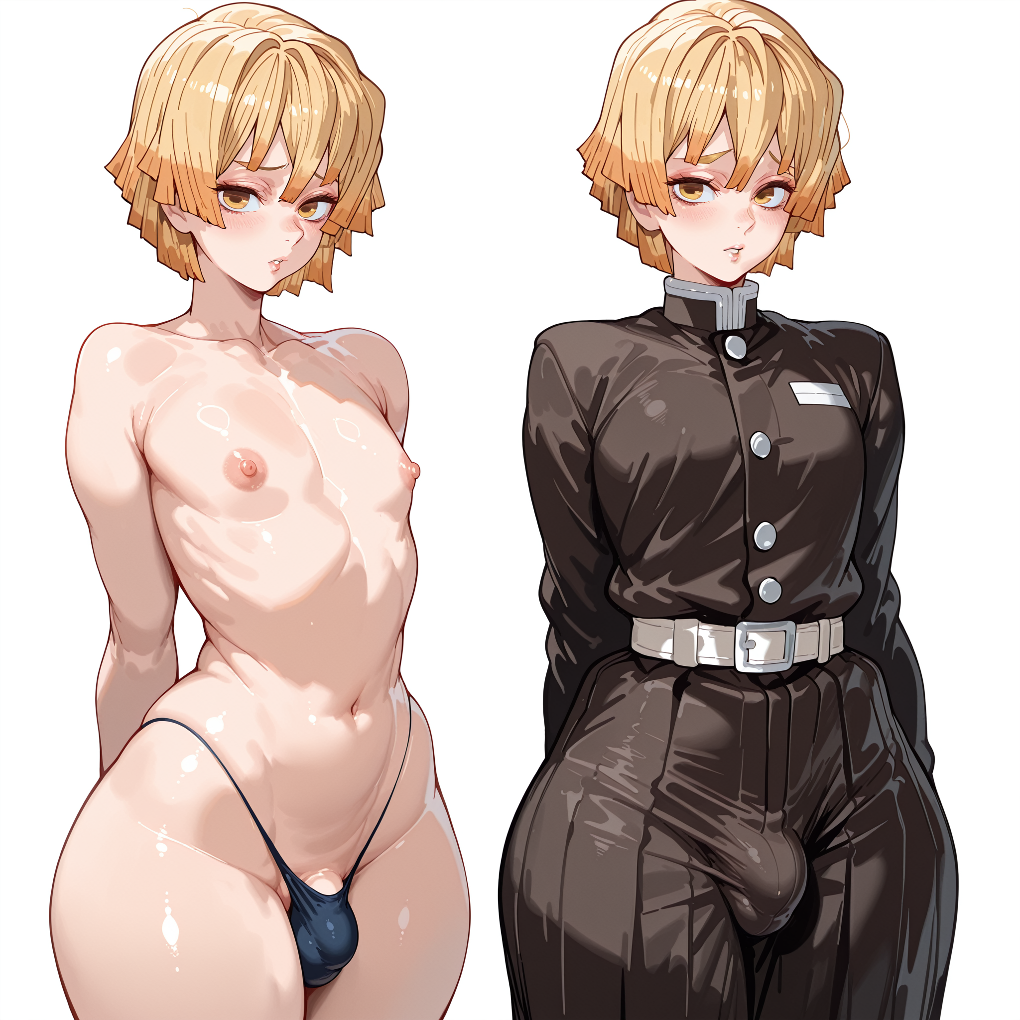 1boy, 2025, ai generated, androgynous, areolae, blonde hair, blush, bulge, crossdressing, demon slayer, femboy, feminine faced male, feminine male, feminine pose, gay, kimetsu no yaiba, light skin, light-skinned male, looking at viewer, male, male focus, male only, nipples, panties, penis, penis peek, petite, sfw, short hair, side by side, skinny, small bulge, small penis, solo, solo focus, solo male, thong, uniform, white background, yaoi, yellow eyes, zakdelart, zenitsu agatsuma