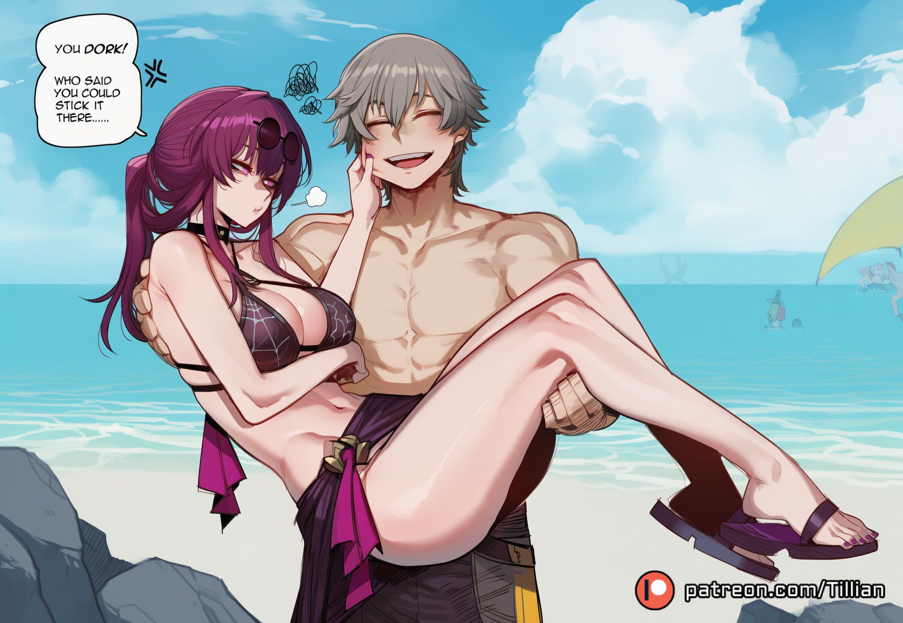 1boy, abs, ai generated, anger vein, artist name, bare shoulders, beach, bikini, blue sky, blush, breasts, caelus (honkai: star rail), carrying, cheek pinching, cleavage, closed eyes, cloud, day, english text, eyewear on head, feet, flip-flops, grey hair, honkai: star rail, kafka (honkai: star rail), large breasts, legs, long hair, male swimwear, multiple girls, muscular, muscular male, nail polish, navel, ocean, open mouth, outdoors, patreon logo, patreon username, pinching, ponytail, princess carry, puff of air, purple bikini, purple eyes, purple hair, purple nails, round eyewear, sandals, sarong, short hair, sky, smile, speech bubble, stomach, straight, sunglasses, swimsuit, thighs, tillian, toenail polish, toenails, toes, topless male, umbrella, water, web address