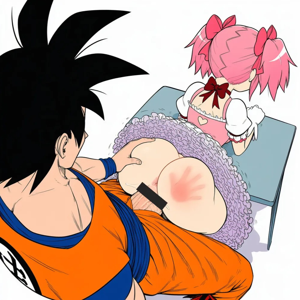 ai assisted, ai generated, ass, bent over, crossover, dragon ball, fucked from behind, madoka kaname, magical girl, mahou shoujo madoka magica, simple background, son goku