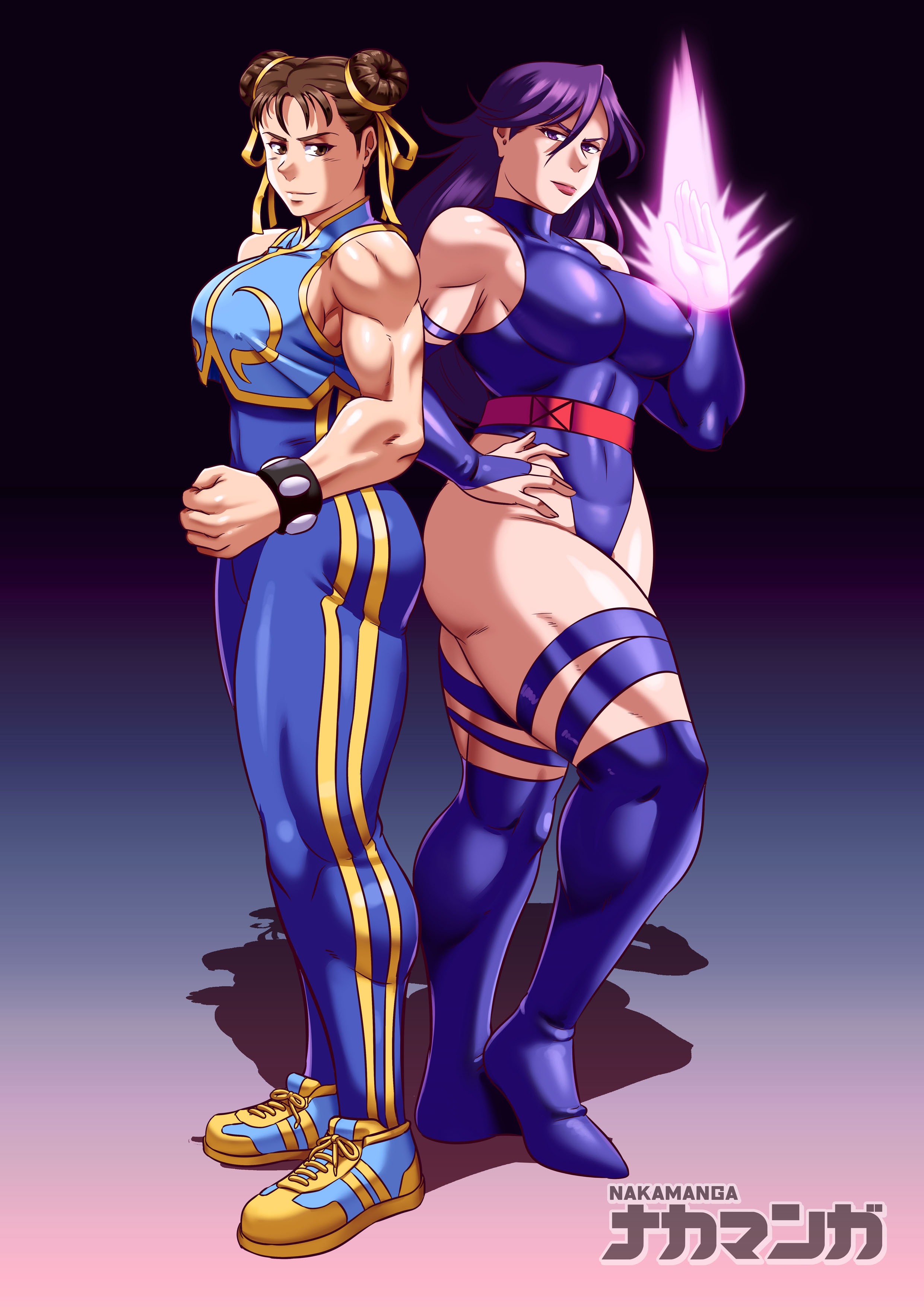 2girls, arm gloves, arm up, asian, asian female, ass, ass to ass, back to back, bangs, big ass, big breasts, bottom heavy, breasts, brown hair, butt to butt, capcom, chun-li, clothed, clothed female, clothing, crossover, curvaceous, curvy, curvy body, curvy female, curvy figure, eastern and western character, female, female only, fist, gradient background, hair ribbon, hand on hip, huge ass, large ass, leotard, light skin, light-skinned female, long hair, looking at viewer, marvel, marvel comics, marvel vs. capcom, muscular female, nakamanga, nipple bulge, nipples, pinup, psylocke, psylocke (kwannon), purple eyes, purple hair, simple background, skin tight, standing, straps, street fighter, thick thighs, thighhighs, toned female, twin buns, vest, voluptuous, voluptuous female, watermark, wide hips, wrist cuffs