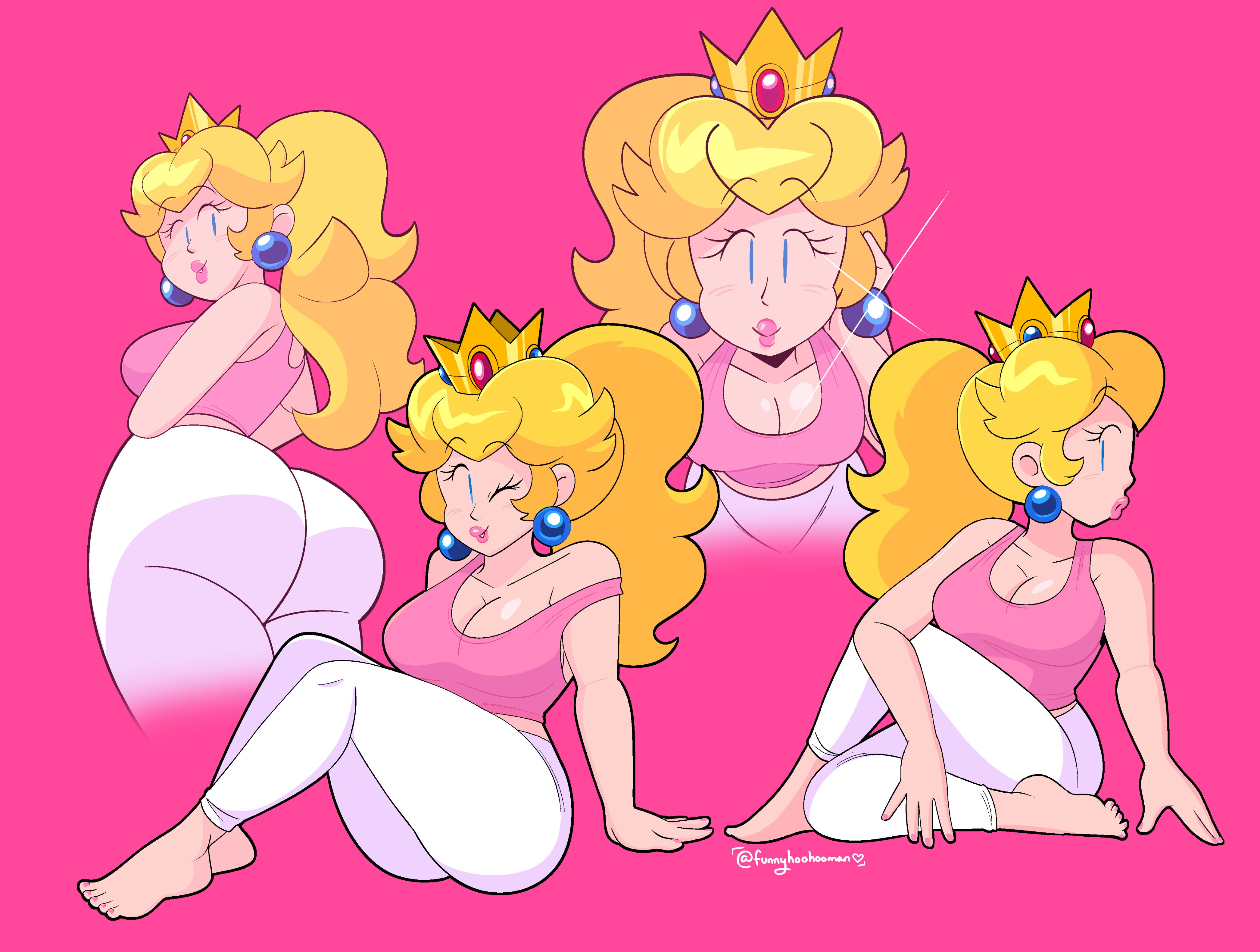 1girls, 2d, 2d (artwork), 2d artwork, ass, ass focus, big ass, big booty, big breasts, big butt, big hips, big thighs, blonde female, blonde hair, blonde-haired female, blue eyes, breasts, bubble ass, bubble butt, busty, busty female, butt focus, crown, earrings, eyelashes, female, female only, funnyhoohooman, hourglass figure, hourglass figured female, human, human only, leggings, mammal, mario (series), mature, mature female, multiple poses, nintendo, pink lipstick, ponytail, princess, princess peach, royalty, sportswear, super mario bros., thick hips, thin waist, tight clothing, voluptuous, voluptuous female, white pants, wink, winking, winking at viewer
