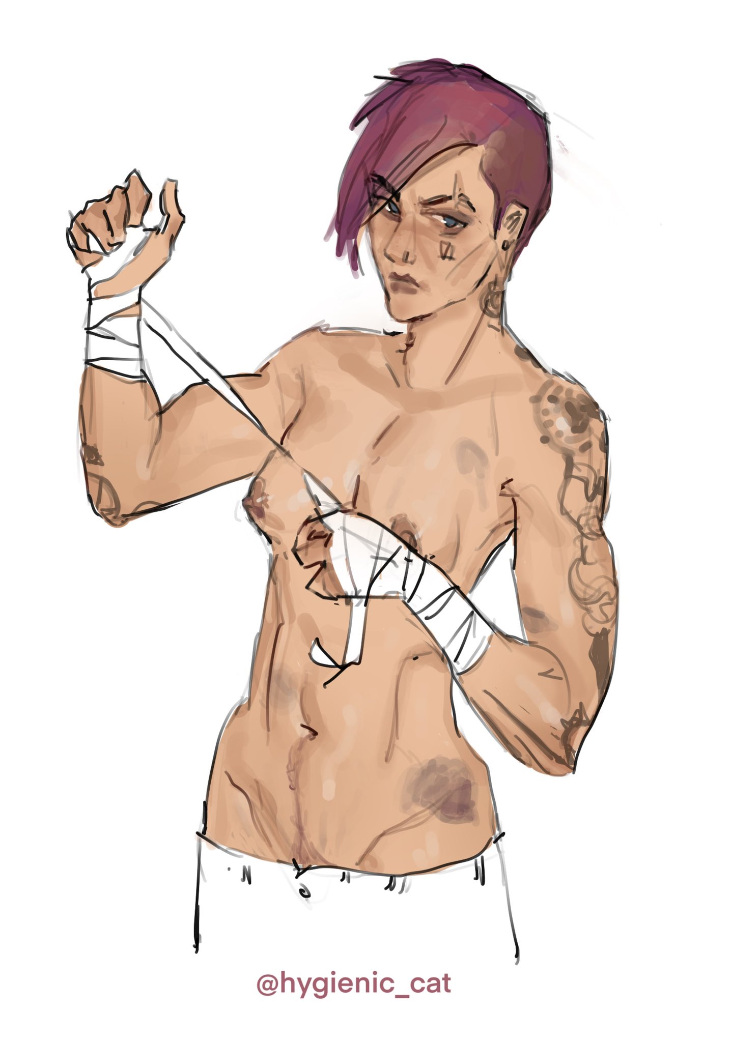 1girls, arcane, arcane vi, breasts, female, female only, hygienic cat, league of legends, muscular, muscular female, nipples, pink hair, riot games, short hair, small breasts, solo, stocky, topless, vi