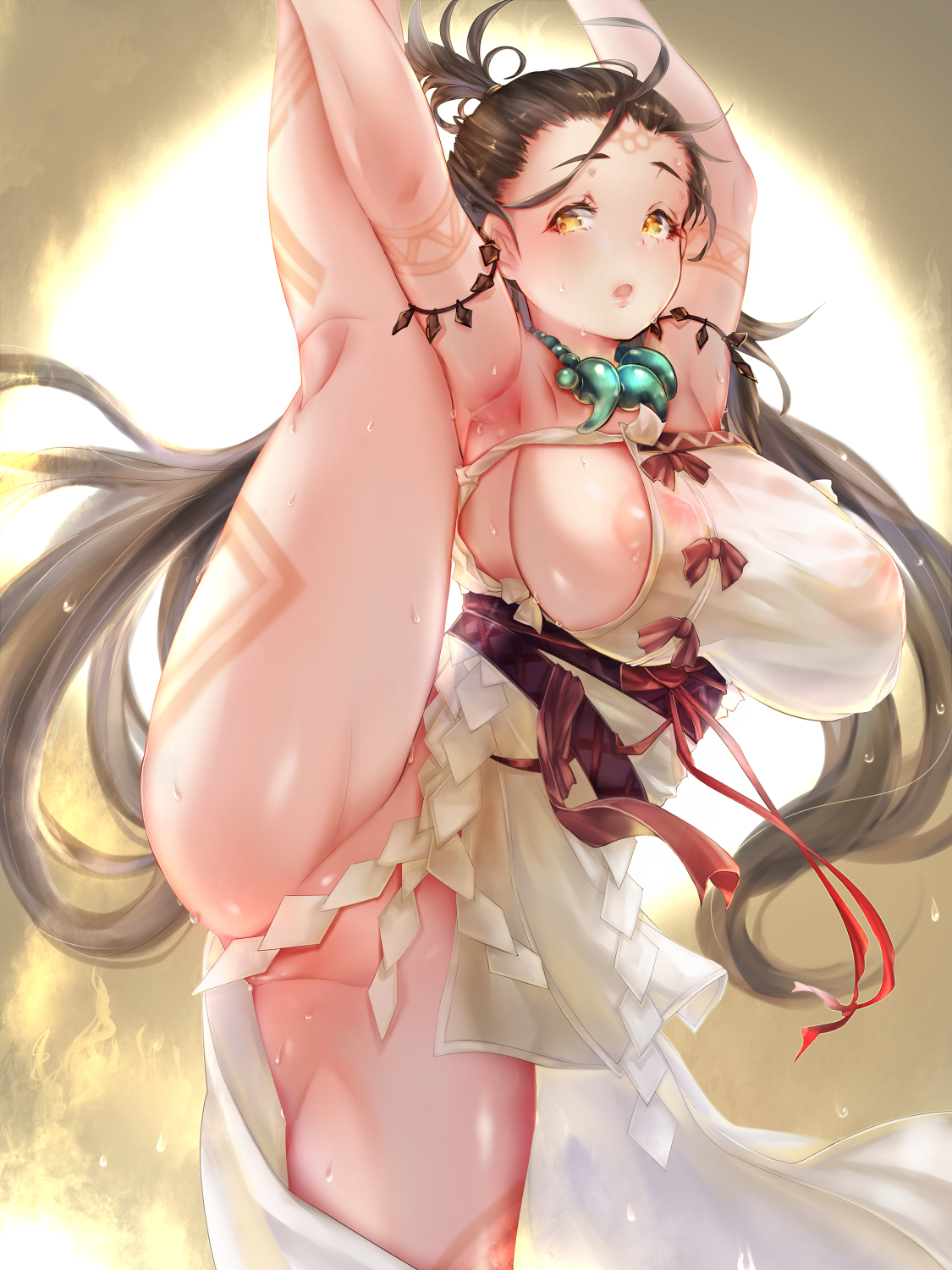 areola slip, areolae, armpits, arms up, bare shoulders, body markings, bottomless, breasts, brown eyes, brown hair, convenient censoring, dress, facial mark, fate (series), fate/grand order, female, forehead, forehead mark, highres, himiko (fate), kneepits, large breasts, leg lift, leg up, long hair, looking at viewer, magatama, magatama necklace, no bra, no panties, open mouth, sash, side slit, sideboob, split, standing, standing on one leg, standing split, thighs, topknot, twintails, white dress, zeni (mxyz7532)
