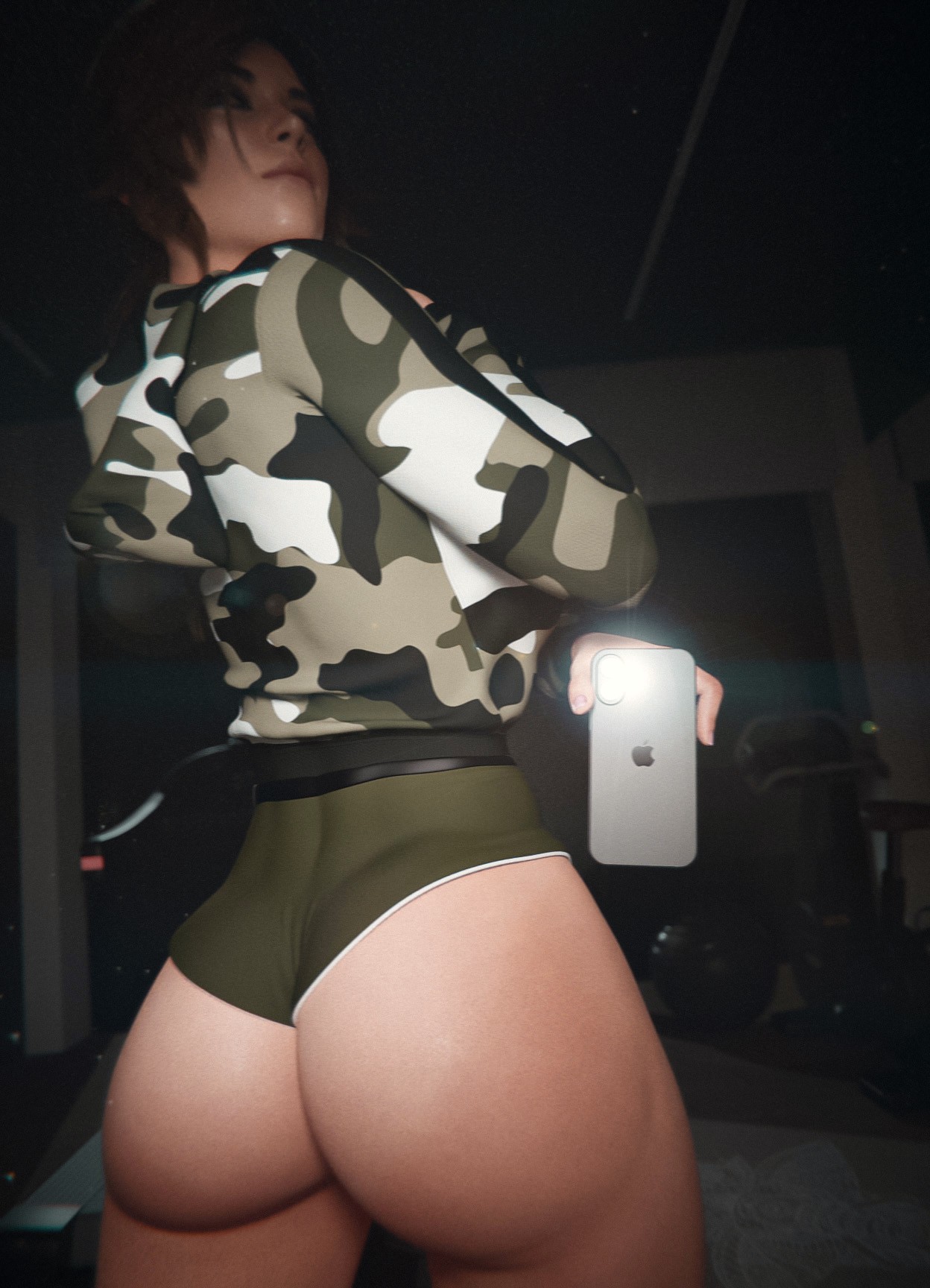 1girls, 34cult, 3d, ass focus, athletic, athletic female, big ass, blender, from behind, huge ass, lara croft, lara croft (survivor), military uniform, mirror, phone, santanaasax, selfie, solo, solo female, tomb raider, tomb raider (survivor)
