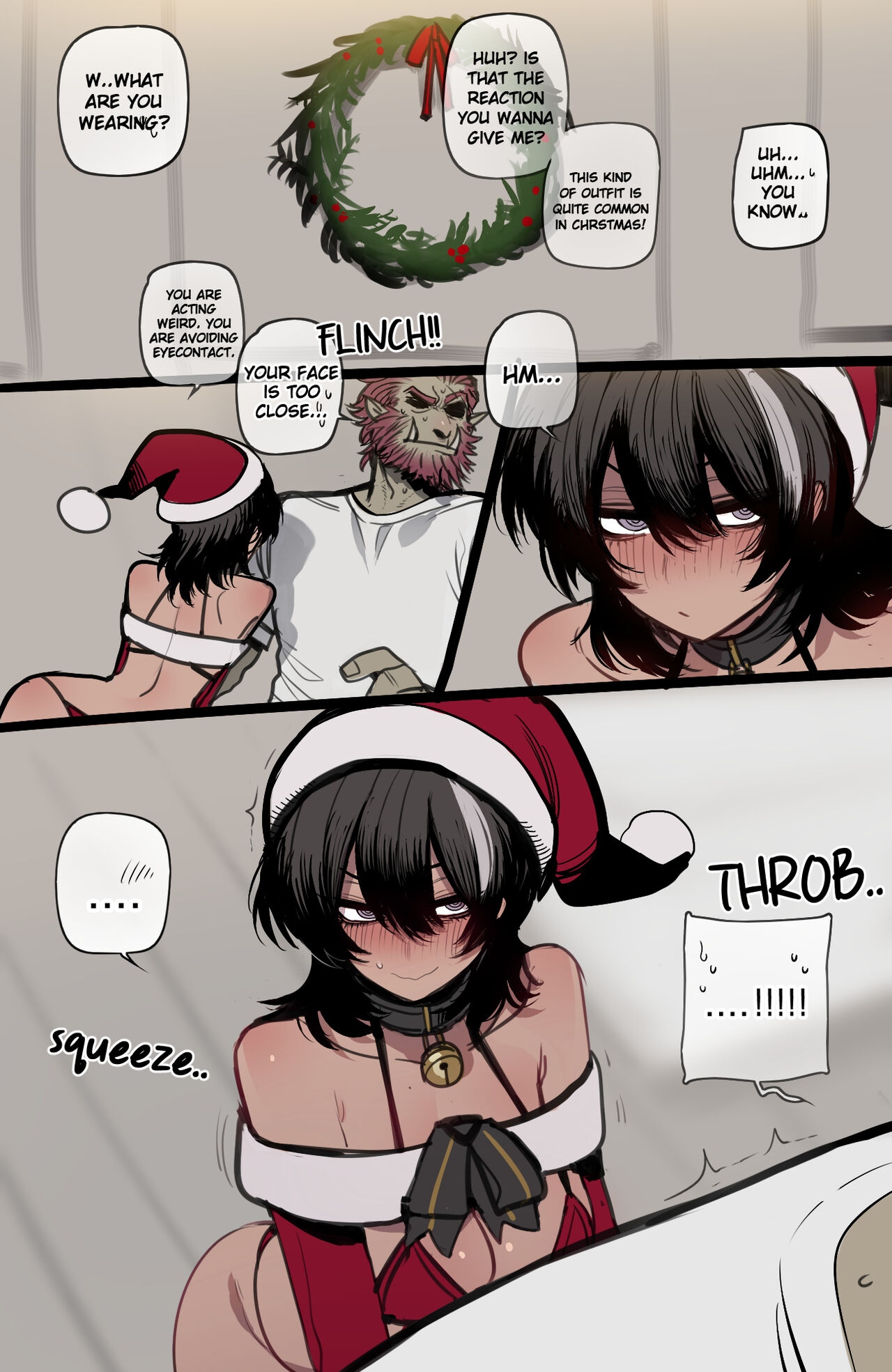 1boy, 1boy1girl, 1girls, 2025, 2d, bad ending party, beard, bell choker, big ass, black hair, blue eyes, brugo (bad ending party), choker, christmas, christmas outfit, dialog, dialogue, female, good ending party, horny, horny female, human, humanoid, interspecies, leo (bad ending party), lingerie, lingerie only, male, muscular male, nude female, ponytail, ratatatat74, red hair, short hair, tagme, text, tomboy, troll, wreath