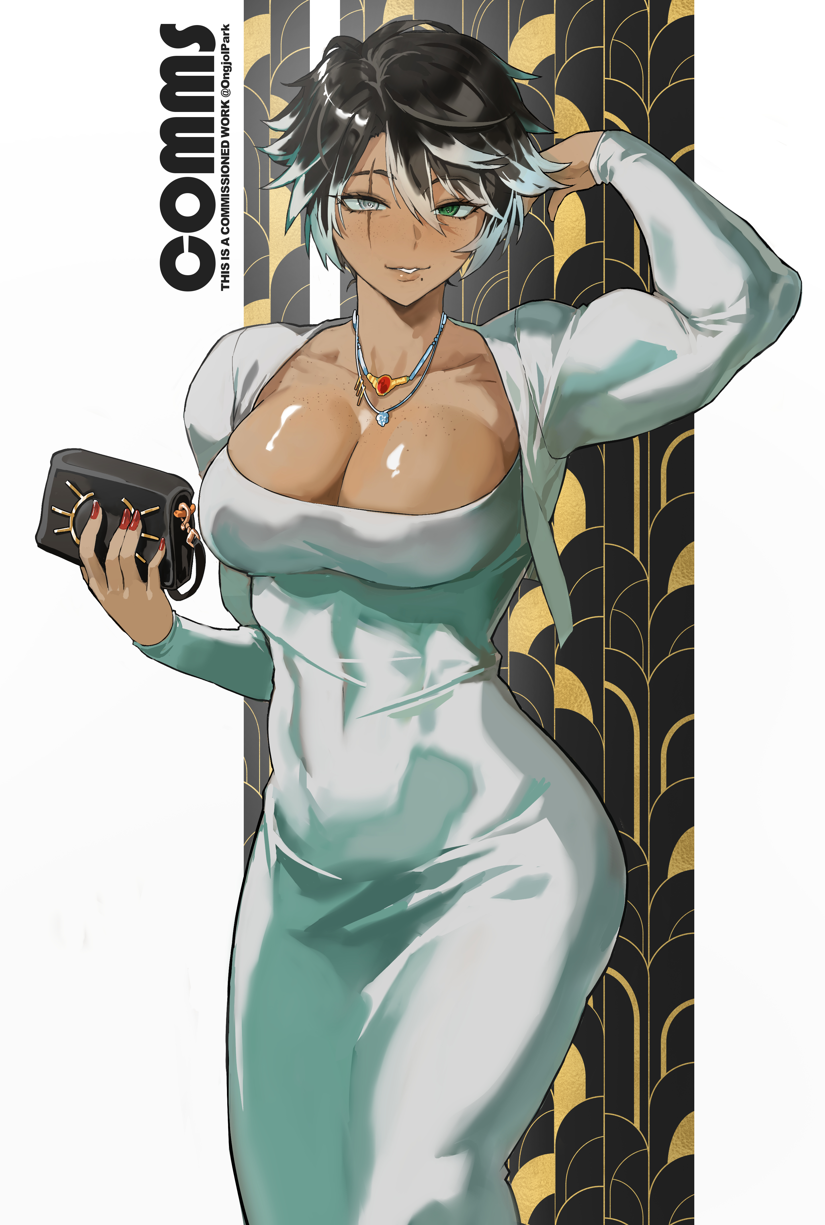 1girls, abs, abs visible through clothing, absurdres, arm up, bag, biceps, black hair, body freckles, breasts, chest freckles, cleavage, colored tips, commentary, commission, cropped jacket, dark skin, dark-skinned female, dongtan dress, dress, english text, female, freckles, gem, green eyes, hair between eyes, handbag, heterochromia, highres, holding, holding bag, jacket, jewelry, large breasts, long sleeves, looking at viewer, mole, mole under mouth, multicolored hair, muscular, muscular female, nail polish, necklace, ongjolpark, open clothes, open jacket, original, parted lips, red gemstone, red nails, scar, scar across eye, scar on face, scoop neck, shiny skin, short hair, smile, solo, tight clothes, tight dress, trachynbryda (newosanwastaken), twitter username