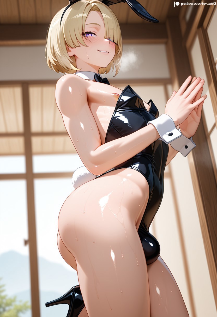 1boy, 1femboy, ai generated, alternate version available, ass, big ass, blonde hair, blush, bow, bulge, bunny ears, bunny tail, crossdressing, femboy, feminine male, freminet (genshin impact), genshin impact, girly, high heels, indoors, leotard, looking at viewer, male, male only, nipple slip, playboy bunny, samabiu, side view, sidelocks, solo, steamy breath, sweat, sweatdrop, thighs, trap, wide hips