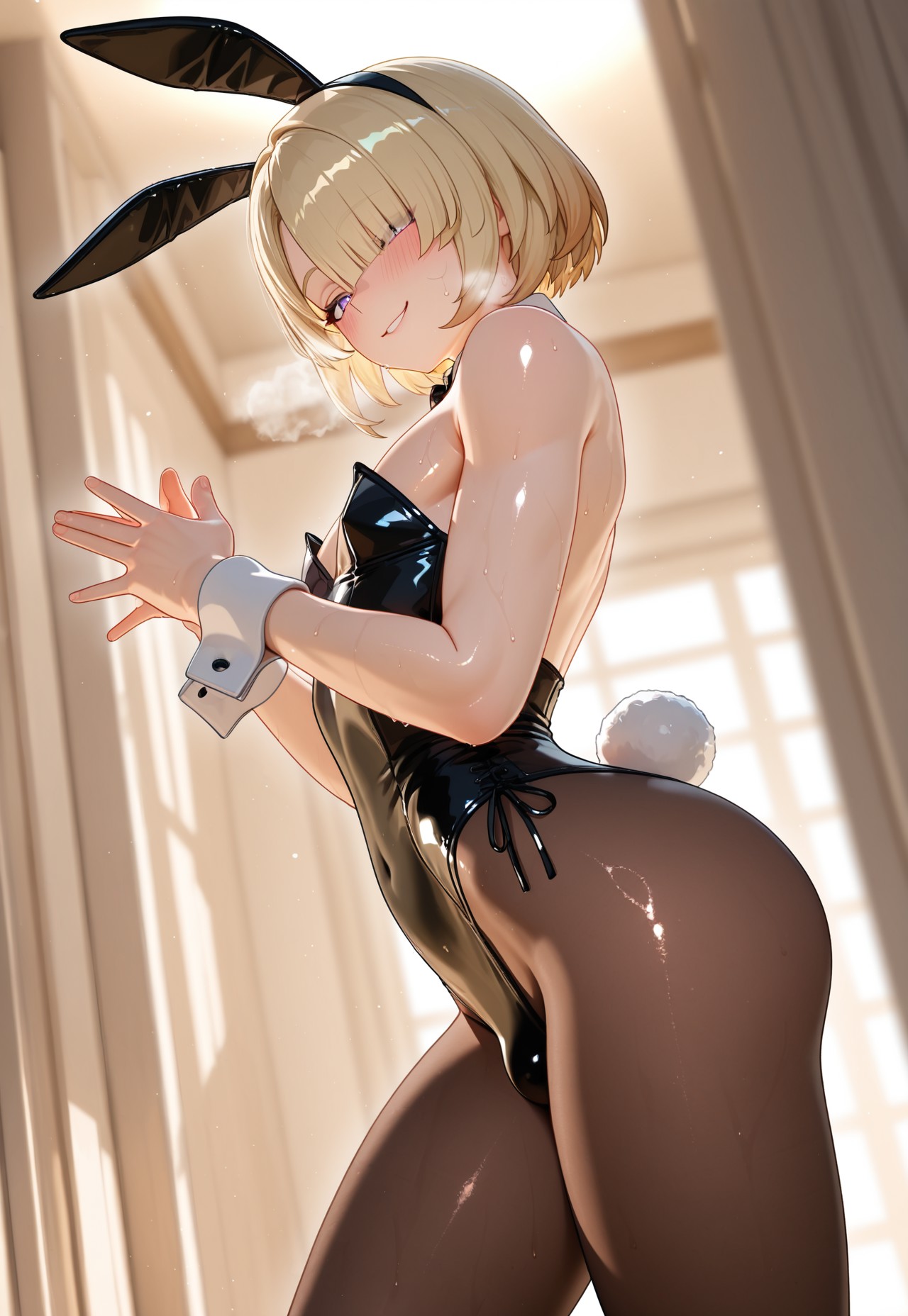 1boy, 1femboy, ai generated, alternate version available, ass, black pantyhose, blonde hair, blush, bulge, bunny ears, bunny tail, crossdressing, femboy, feminine male, freminet (genshin impact), genshin impact, girly, indoors, leotard, looking at viewer, male, male only, pantyhose, playboy bunny, samabiu, solo, steamy breath, thighs, trap, wrist cuffs