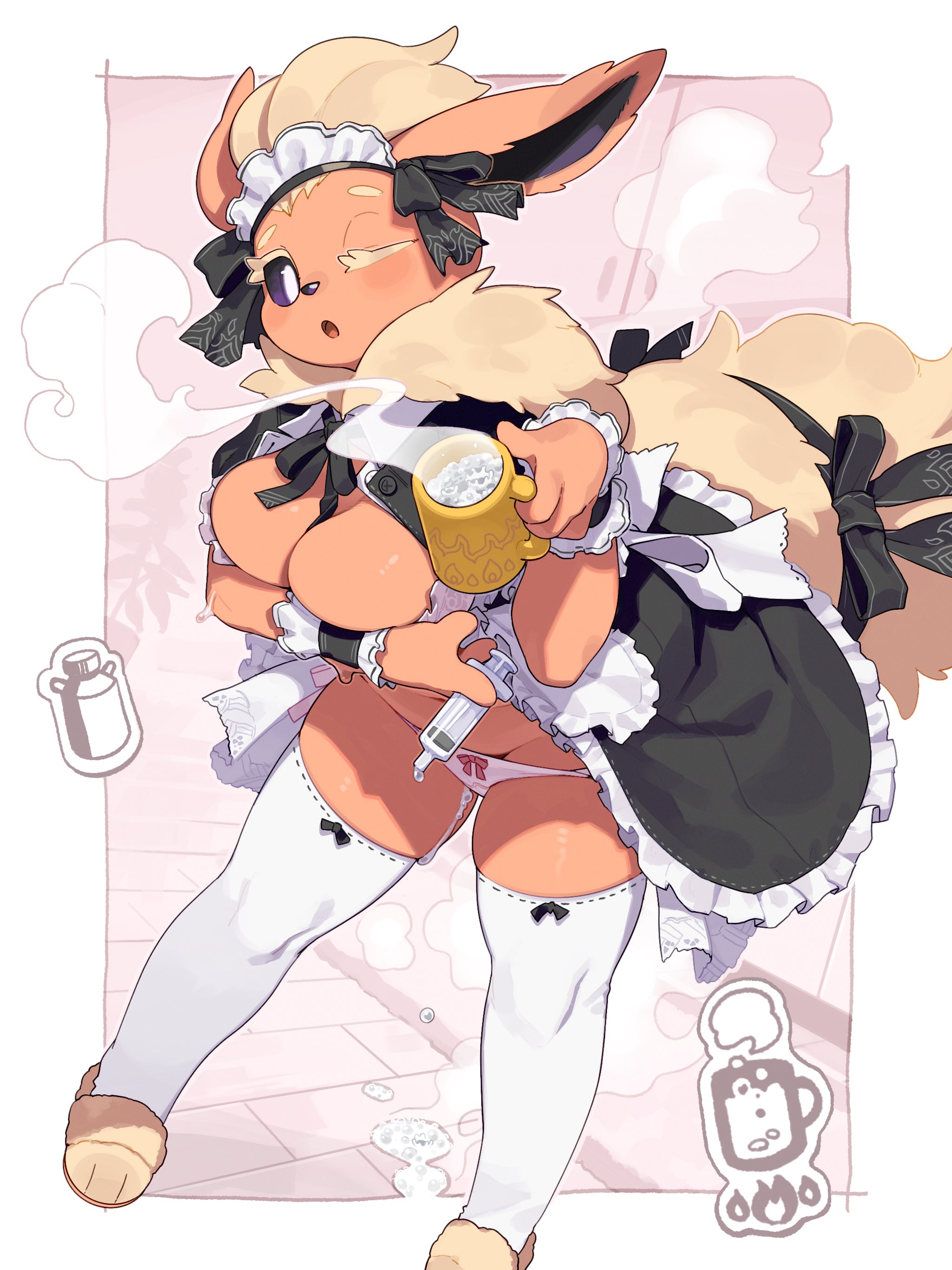 1girls, 4 fingers, anthro, biped, breasts, clothed, clothed anthro, clothed female, clothing, eeveelution, female, female only, fingers, flareon, front view, fur, generation 1 pokemon, hair, hi res, kame 3, legwear, looking at viewer, maid outfit, navel, nintendo, open mouth, panties, pokemon, pokemon (species), solo, standing, tail, tongue, underwear, very high resolution, wink, winking at viewer