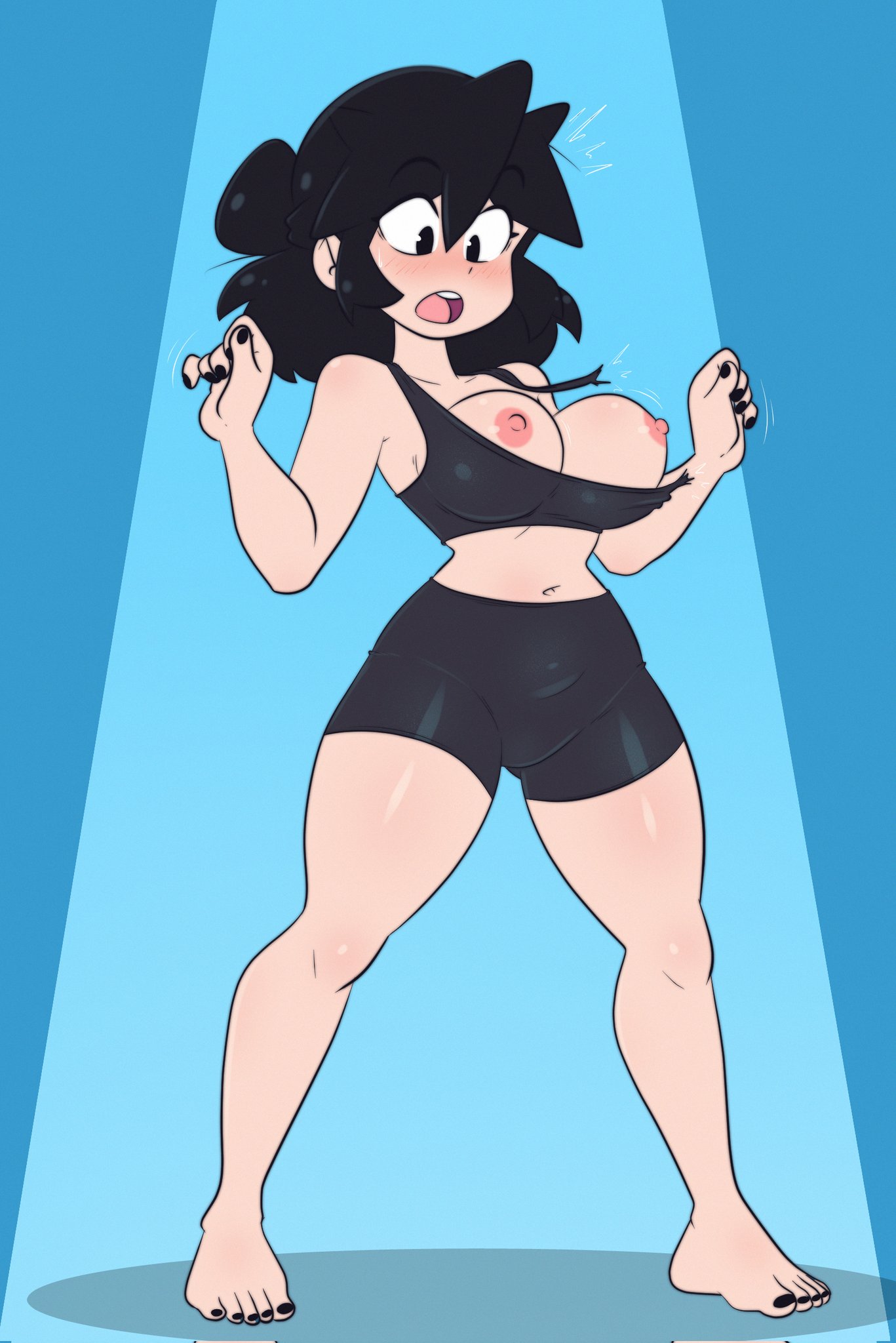 black clothing, black hair, black nail polish, blush, breasts, breasts out, light-skinned female, lucia (scott malin), mindgasmyt, nail polish, nipples, original character, sports bra, sports shorts, sportswear, wardrobe malfunction