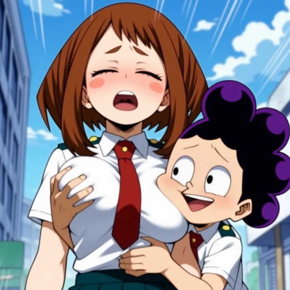 1boy, 1girls, ai generated, breast grab, grabbing breasts from behind, minoru mineta, moaning, my hero academia, ochako uraraka, pathetic male, school uniform