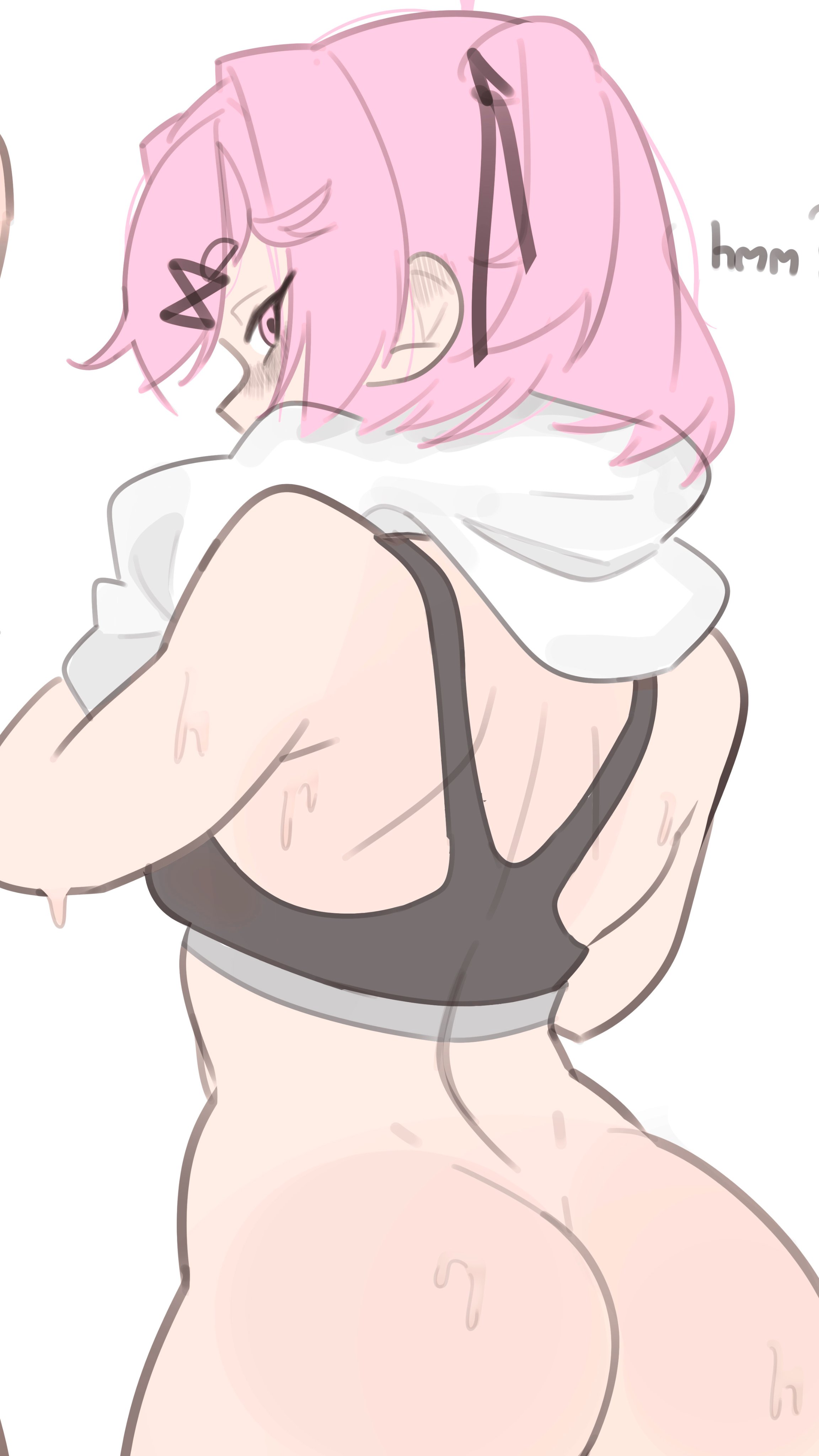 1girls, accessory, ass, bangs, bodily fluids, bottomless, bottomless female, breasts, clothed, clothing, doki doki literature club, emiillb, female, female only, hair accessory, hair ornament, hairclip, light skin, light-skinned female, looking at viewer, looking back, looking back at viewer, matching hair/eyes, natsuki (doki doki literature club), no panties, partially clothed, partially clothed female, pink eyes, pink hair, small breasts, solo, solo female, solo focus, sweat, sweaty, sweaty body, swept bangs, tank top, topwear, towel, towel around neck