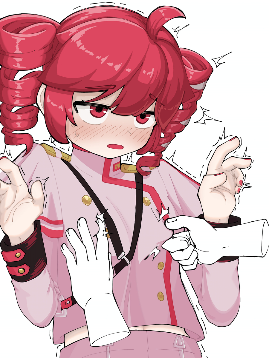 1boy, 1girls, 2d, 2d (artwork), ahoge, areolae, belly, blush, blush lines, blushing profusely, breasts, clothed, clothed female, clothing, crop top, cropped jacket, disembodied hands, embarrassed, embarrassed female, exposed belly, female, hair ornament, hairbow, hands up, kasane teto, kasane teto (sv), looking pleasured, male, midriff, motion lines, nail polish, nipple pinch, nipple play, nipple tweak, nipples, no bra, open mouth, painted nails, petite, petite body, petite female, pinching nipples, red eyes, red hair, red nails, shirt, simple background, skinny, skinny female, slim female, slim waist, straight, synthesizer v, tremble spikes, trembling, twin drills, upper body, upper body focus, utau, wavy mouth, wayuwayu, white background