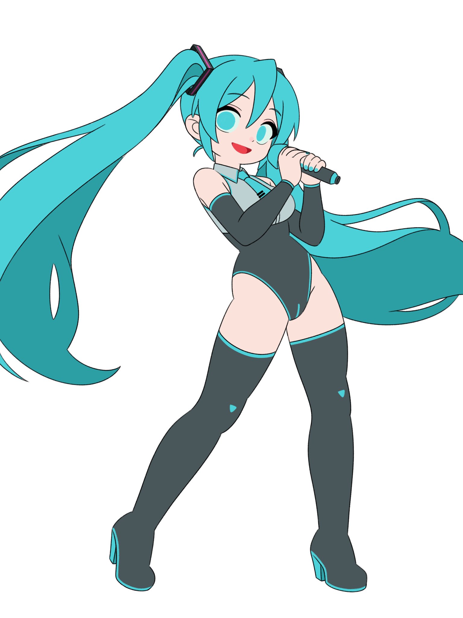 :d, 1girl, alternate costume, aqua eyes, aqua hair, aqua nails, aqua necktie, black arm warmers, black leotard, black thighhighs, boots, deformed, detached sleeves, female, flat color, full body, grey shirt, hatsune miku, high heels, highleg, highleg leotard, highres, hochihochihavocaloid, holding, holding microphone, leotard, long hair, looking at viewer, microphone, necktie, open mouth, parody, shirt, sidelocks, simple background, sleeveless, sleeveless shirt, smile, solo, standing, style parody, thigh boots, thighhighs, twintails, very long hair, white background
