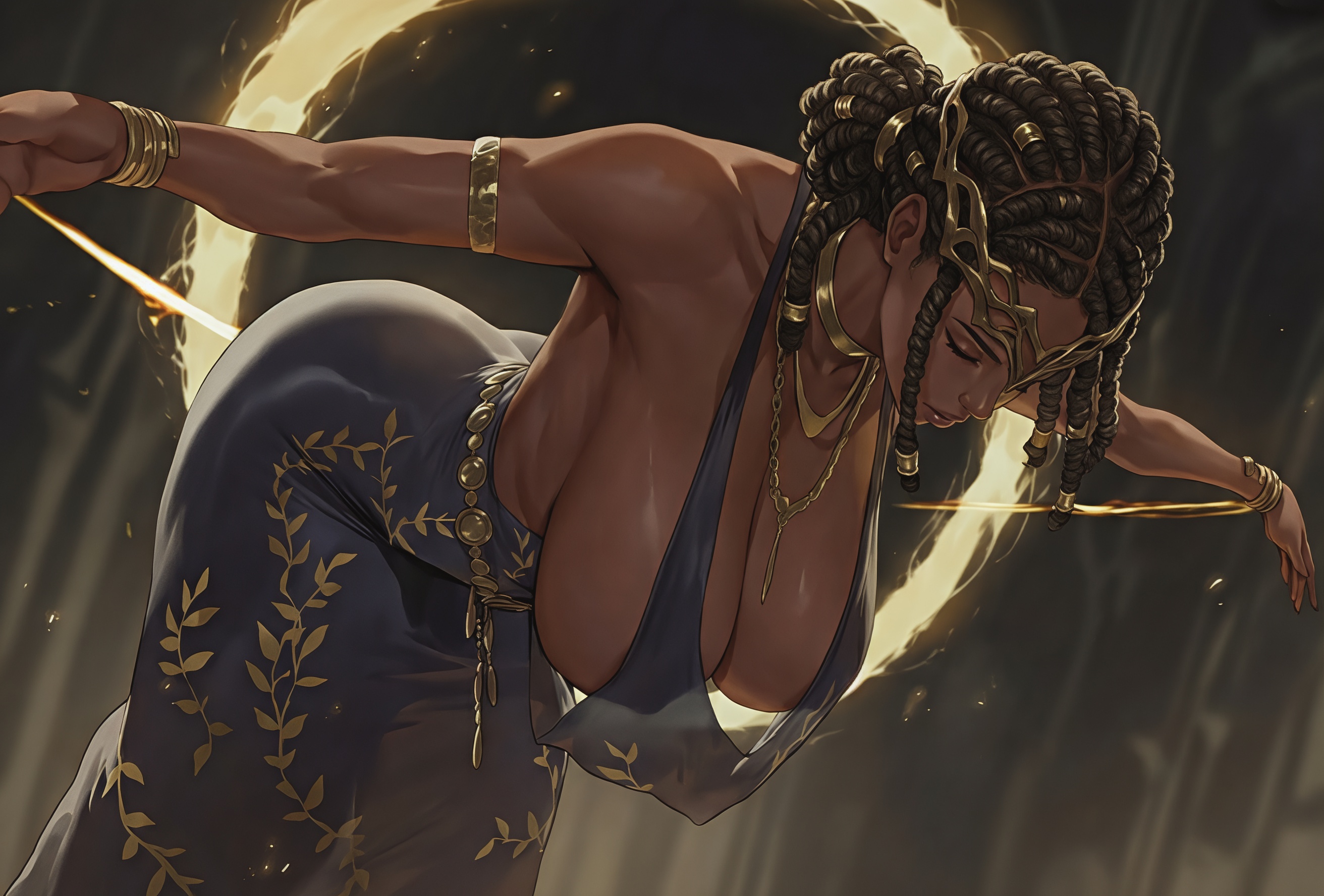 1girls, african female, ai generated, ass, big ass, big breasts, black woman, brown hair, choker, cleavage, dark skin, dark-skinned female, dreadlocks, dress, eyes closed, female, female only, gold jewelry, huge breasts, original, original character, queen marika the eternal (cosplay), sideboob, solo, solo female, thick, thighs