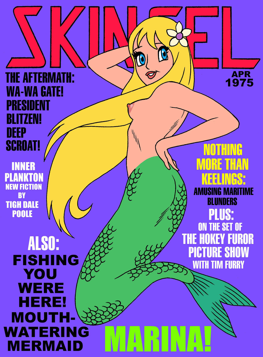 1girls 2020 blonde_hair blue_eyes english_text eyelashes fairy_tales female flower_in_hair green_scales hair_ornament hans_christian_andersen hans_christian_andersen's_the_little_mermaid literature medium_breasts mermaid monster_girl nipples nude princess_marina public_domain solo toonytease topless year