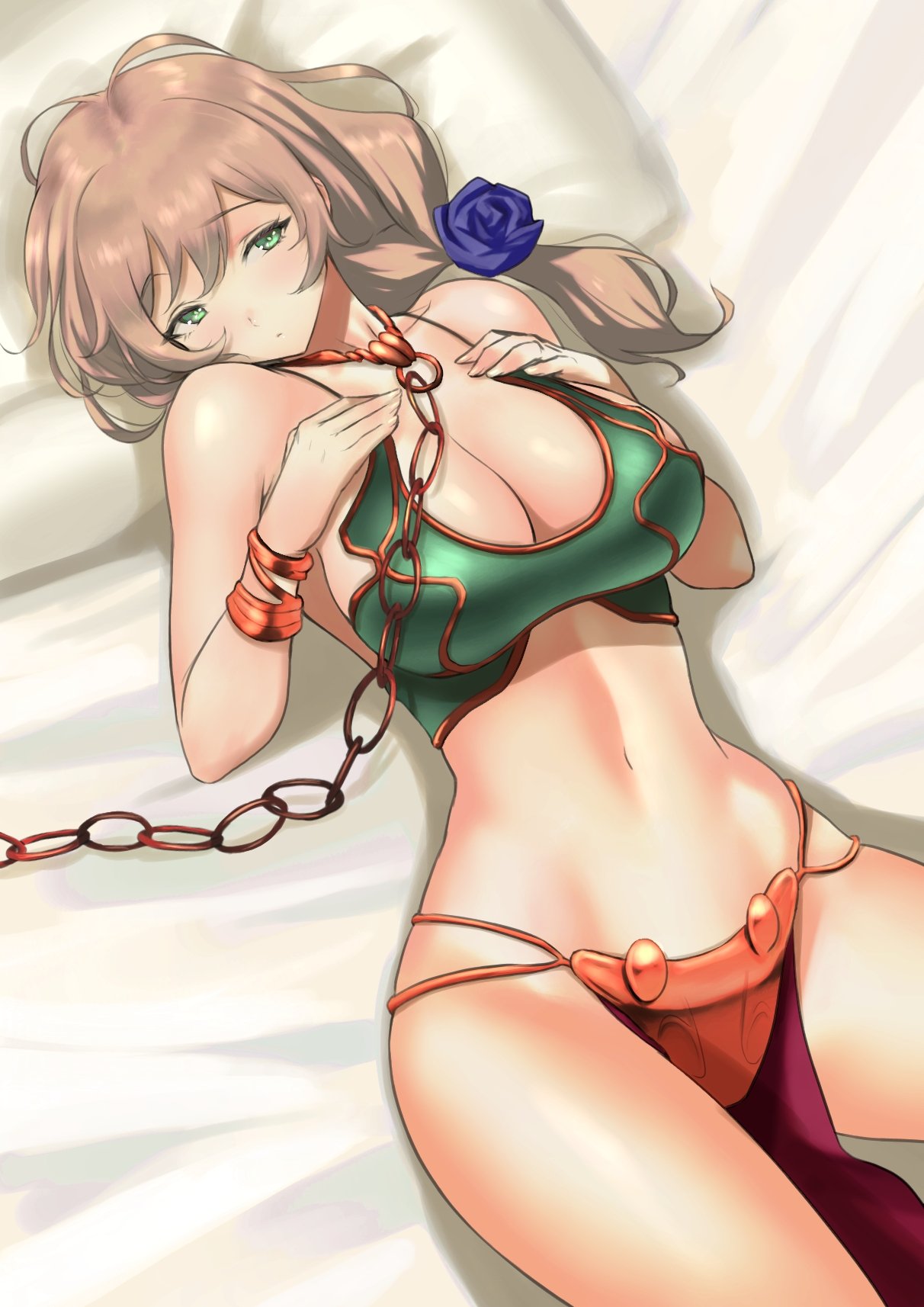 1girls artist_request belly_dancer belly_dancer_outfit blonde_hair bracelet cleavage crossover_cosplay dancer dancer_outfit flower_in_hair genshin_impact harem_girl harem_outfit huge_breasts lisa_(genshin_impact) loincloth slave slave_bikini slave_leia_(cosplay) slave_outfit slavegirl voluptuous