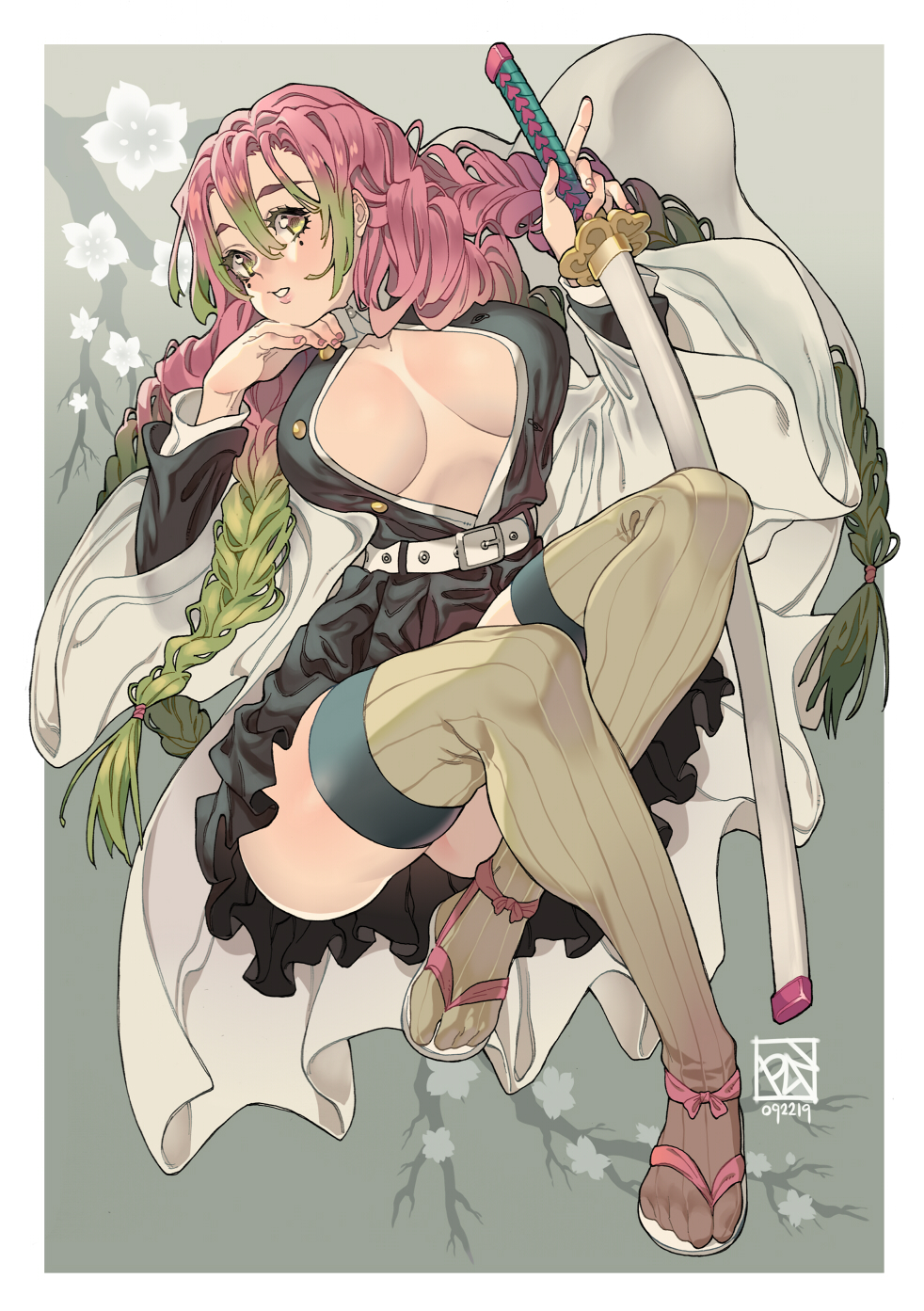 bangs big_breasts braided_hair clothing demon_slayer female female_only full_body gradient_hair green_eyes haori japanese_clothes kanroji_mitsuri katana kimetsu_no_yaiba long_hair looking_at_viewer mole_under_eye no_bra open_shirt pink_hair pleated_skirt poch4n revealing_clothes sandals solo sword tabi thighhighs two_tone_hair unbuttoned_shirt uniform very_long_hair wide_hips zouri