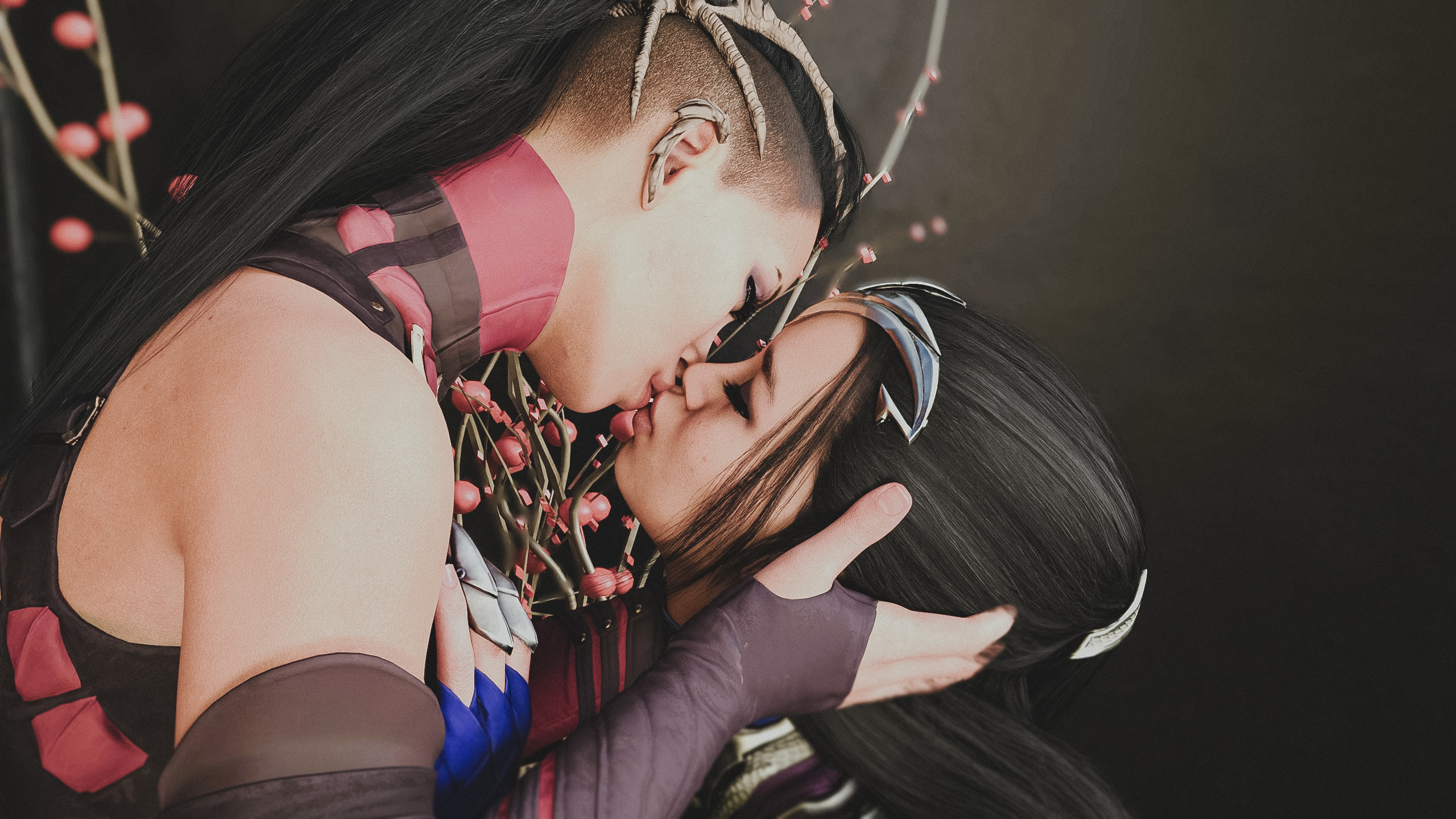 2girls, 3d, black hair, caressing face, close-up, closed eyes, dark hair, edenian, female, female focus, hd, holding head, incest, kissing, kitana, light skin, light-skinned female, lips, mature, mature female, mileena, mortal kombat, mortal kombat 1 (2023), netherrealm studios, ninja, pale skin, ponytail, princess, puckered lips, rayalterego23, royalty, siblings, sister and sister, sisters, touching breast, twincest, twins, yuri
