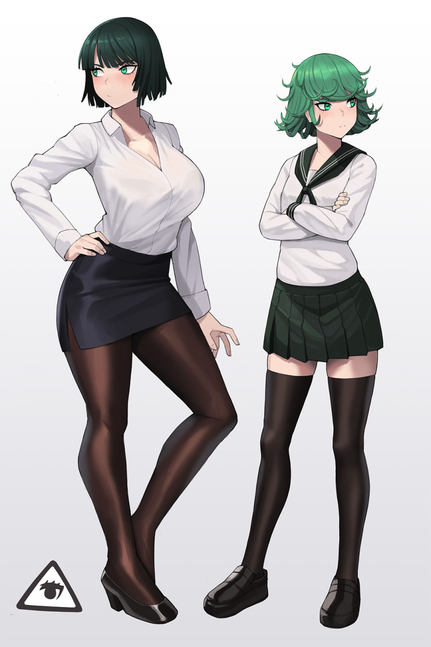 2girls, alternate costume, black footwear, black hair, breasts, cleavage, crossed arms, donburikazoku, female, female focus, female only, fubuki (one-punch man), full body, green eyes, green-haired female, hand on hip, highres, large breasts, matching hair/eyes, multiple females, multiple girls, office lady, one-punch man, pencil skirt, pleated skirt, school uniform, short hair, sisters, skirt, small breasts, standing, tatsumaki, thighhighs, zettai ryouiki