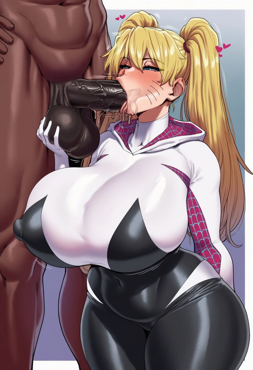 ai generated, blonde female, blonde hair, blonde-haired female, blowjob, blue eyes, blush, cosplay, curvy, curvy female, curvy figure, dark skin, dark-skinned male, genderswap (mtf), hearts around head, holding, light skin, light-skinned female, marvel, naruko, naruto, naruto (series), naruto shippuden, nipple bulge, nipples, nipples visible through clothing, rule 63, slunary, spider-gwen, spider-gwen (cosplay), sucking, sucking penis, thick, thick thighs, thighhighs, thighs, tight clothing, tight fit, twintails