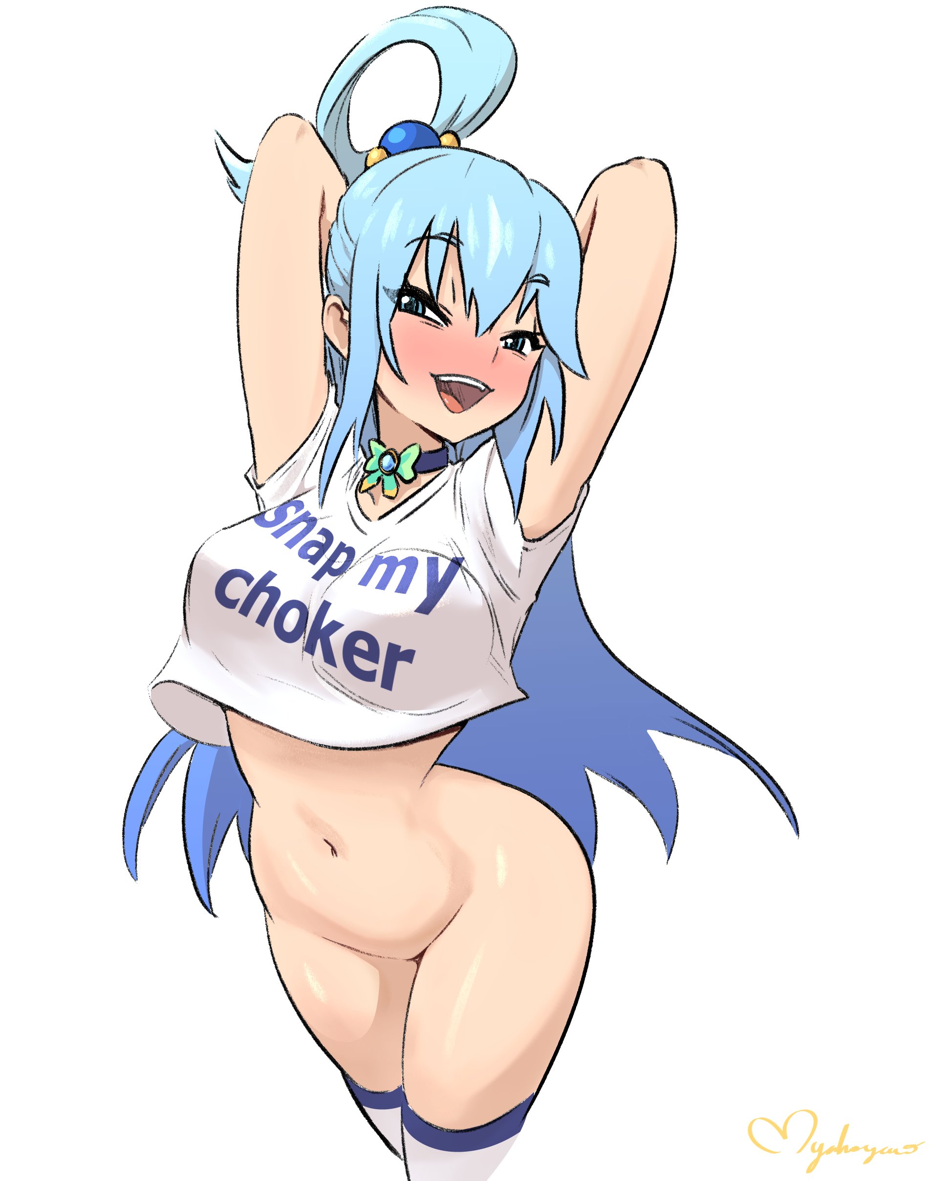 1girls, aqua (konosuba), arms behind head, arms up, big breasts, blue eyes, blue hair, blush, bottomless, breasts, choker, eye contact, fair skin, fair-skinned female, female, fuck-me shirt, goddess, kono subarashii sekai ni shukufuku wo!, light skin, light-skinned female, looking at viewer, maho malice, myahogao, shirt, snap my choker, solo, standing, thighhighs, thighs, white background