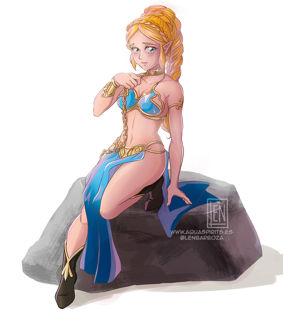 blonde hair, blue eyes, blush, boots, bracelet, braided hair, breasts, breath of the wild, chain leash, chained, chains, cleavage, collar, crossover cosplay, enslaved royal, female, female only, hylian, len barboza, loincloth, long hair, looking at viewer, medium breasts, metal collar, nintendo, pointy ears, princess zelda, revealing clothes, royalty, slave, slave bikini, slave collar, slave girl, slave leia (cosplay), slave outfit, star wars, the legend of zelda, zelda (breath of the wild)