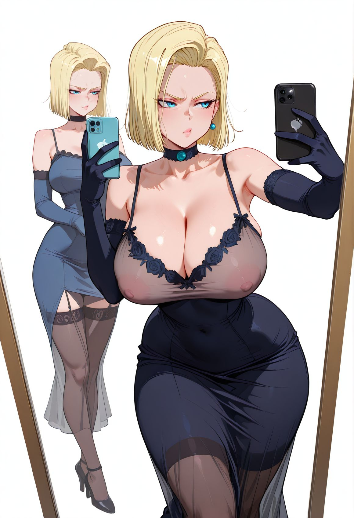 2girls, ai generated, android, android 18, blonde hair, blue eyes, dragon ball, dress, huge breasts, lewdwaifulaifu, mirror, mirror selfie, slim waist