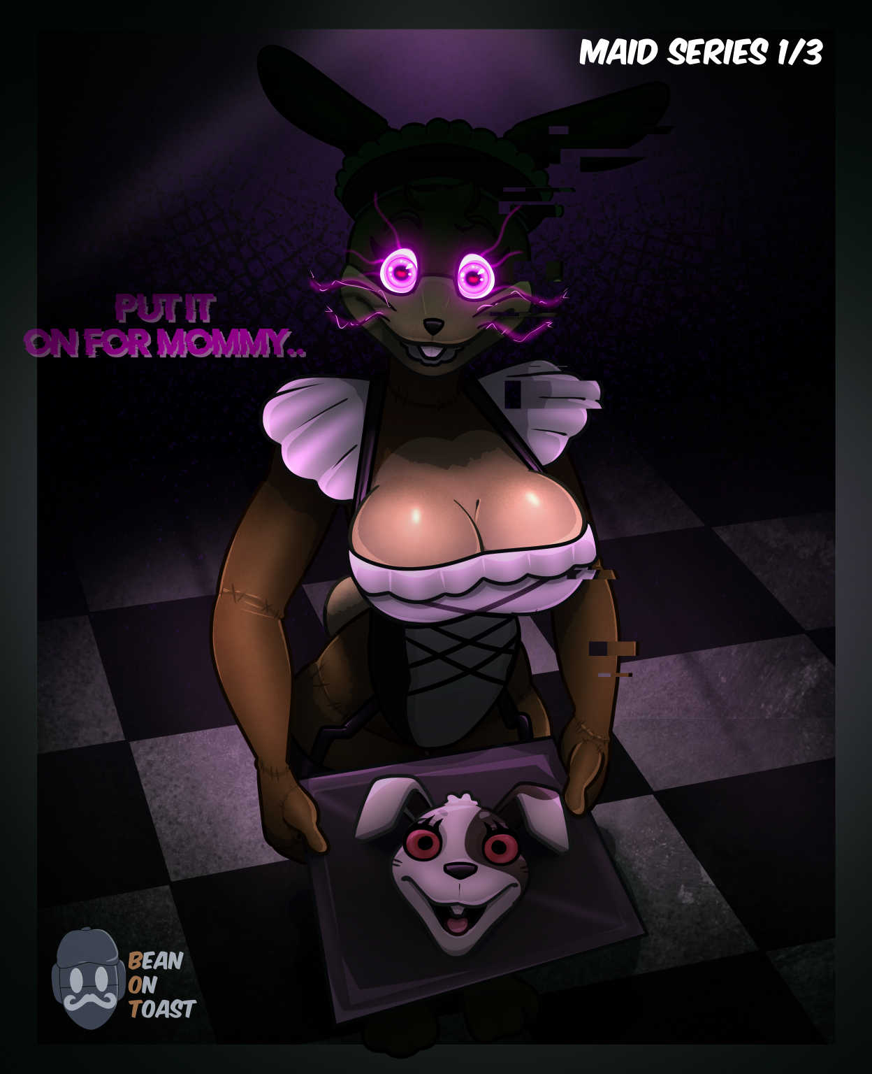 2025, 2d, 2d (artwork), 2d artwork, anthro, anthro female, artist logo, artist name, beanontoast, big breasts, female, female only, five nights at freddy's, five nights at freddy's: help wanted, furry, furry female, genderswap (mtf), glitchtrap, glowing eyes, maid, maid uniform, mommy kink, purple eyes, rabbit, rabbit ears, rabbit girl, rule 63, solo