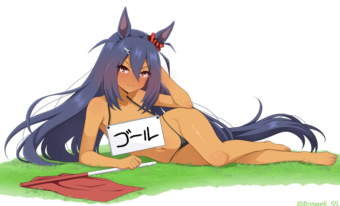barely covered crotch, belly, belly button, black hair, blush, blush lines, boobs covered, brown body, brown female, brown skin, cute, cute face, cute female, dark skin, dark-skinned female, elbow on hip, feet, feet out, female, female only, flat, flat chested, hand behind head, hips, hishi amazon (umamusume), holding flag, horse ears, horse girl, horse tail, japanese text, juicy legs, juicy thighs, laying down, legs together, long legs, nice body, no visible nipples, on grass, only female, panties, panties only, petite, petite body, petite female, red eyes, red flag, roswell ss, roswell-ss, sexy pose, sign, sign around neck, sign covering boobs, skinny female, skinny legs, slim waist, small female, solo female, tan body, tan skin, thighs, tiny female, umamusume, umamusume pretty derby