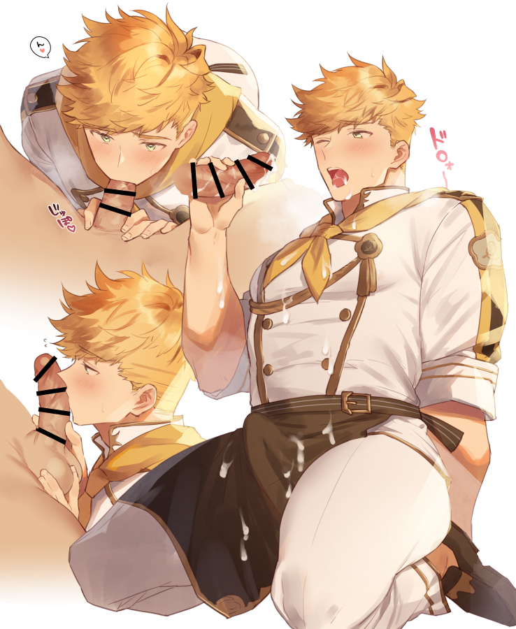 >_o 2boys alternate_costume apron bar_censor bara black_apron blonde_hair blush bulge censored chef_uniform cum cum_in_mouth cum_on_body cum_on_boy cum_on_clothes cum_on_pectorals erection erection_under_clothes facial fellatio granblue_fantasy green_eyes higashigunkan kneeling licking licking_penis male_focus male_only multiple_boys multiple_views one_eye_closed open_mouth oral pectorals penis pov short_hair sideburns sitting thick_thighs thighs vane_(granblue_fantasy) waist_apron white_background yaoi