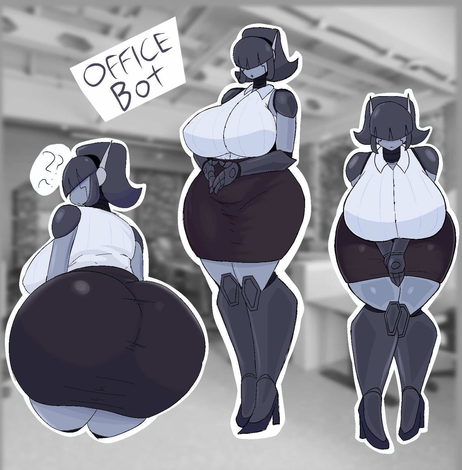 1girls, ass, big ass, big breasts, big butt, blinding bangs, bolapa, breasts, clothed, clothed female, female, female focus, hair over eyes, large ass, large boobs, large breasts, large butt, office, office bot (bolapa), office clothing, office lady, original, original character, robot, robot girl, robot humanoid, solo, solo female, solo focus, thick thighs, thighs