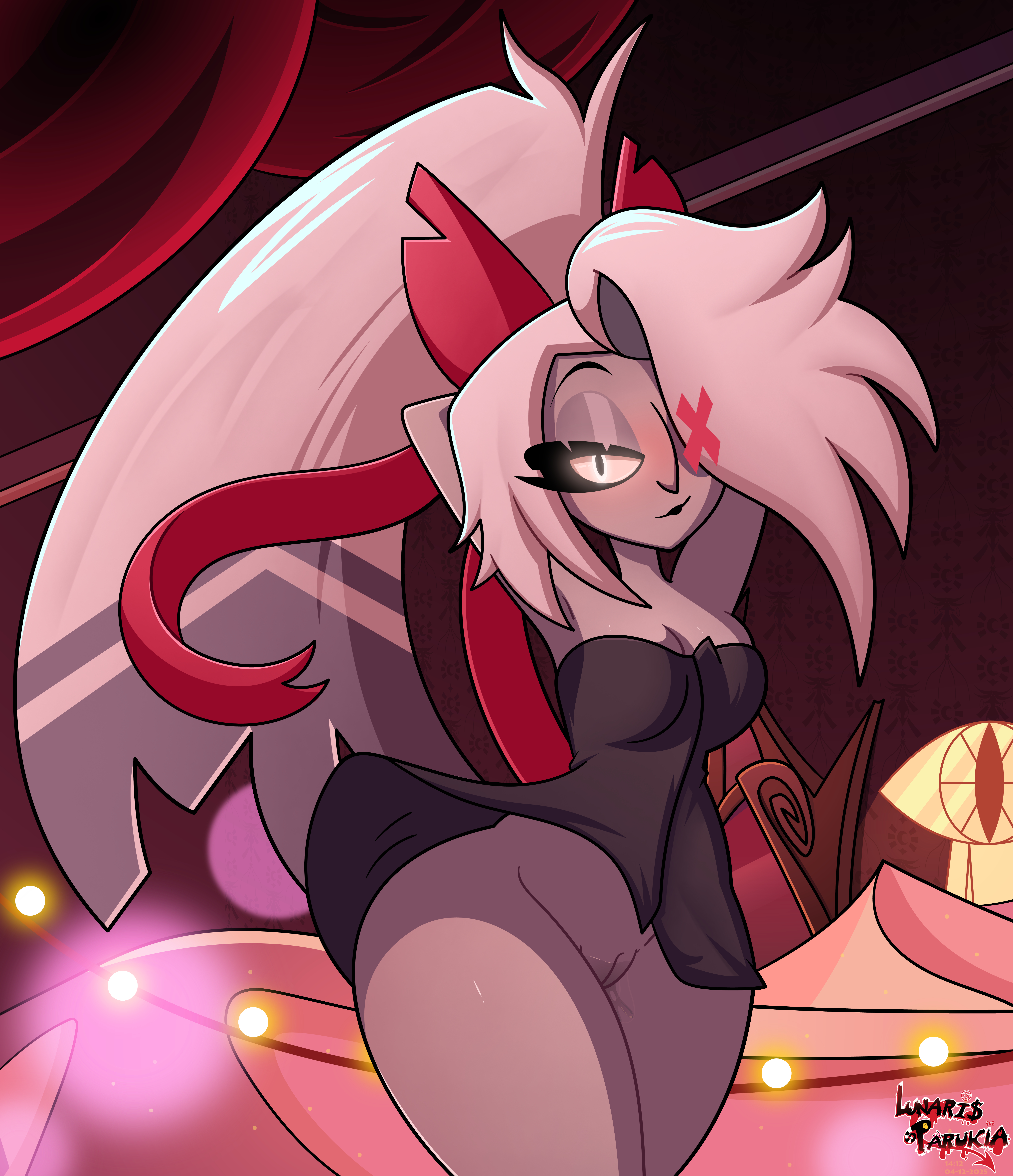 angel, bedroom eyes, big ass, big breasts, breasts, curvy, fallen angel, female, female only, fuck me eyes, half-closed eyes, hazbin hotel, hellaverse, hip sway, humanoid, long hair, loving gaze, lunaris parukia, lunarisparukia, mommy, open mouth, open smile, purple body, pussy, pussy juice, seductive, seductive dance, seductive eyes, seductive gaze, seductive look, seductive smile, sexy, sexy body, sexy female, shaking hips, simple background, smile, solo, teeth, thick thighs, vaggie (hazbin hotel), white hair, wide hips