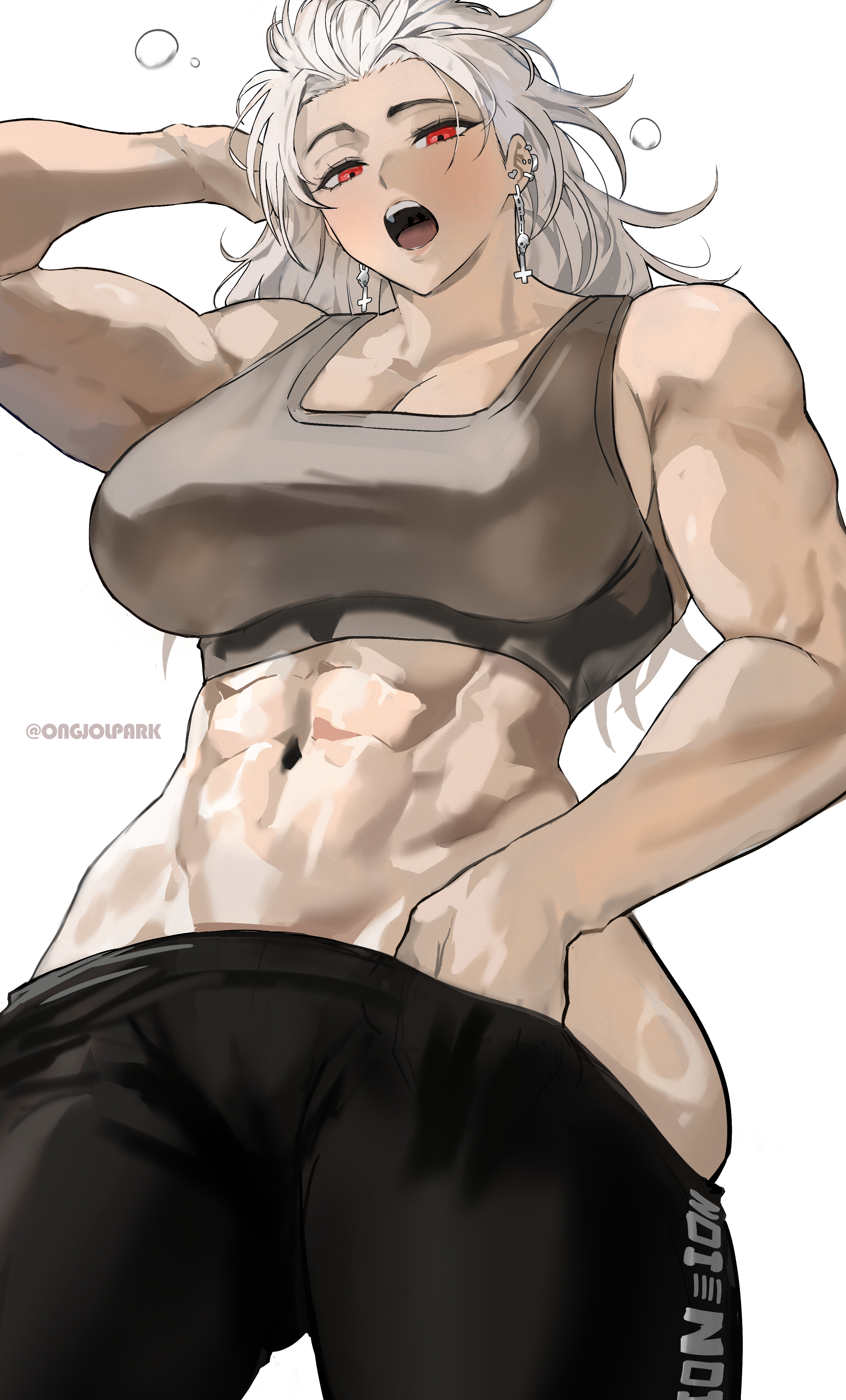 1girls, abs, absurdres, armpit crease, arms behind head, biceps, black leggings, breasts, cameltoe, commentary, dorohedoro, ear piercing, earrings, english commentary, female, female focus, from below, grey sports bra, half-closed eyes, highres, jewelry, large breasts, leggings, long hair, looking at viewer, muscular, muscular female, navel, noi (dorohedoro), ongjolpark, open mouth, piercing, red eyes, shiny skin, simple background, solo, sports bra, teeth, tongue, upper teeth only, white background, white hair