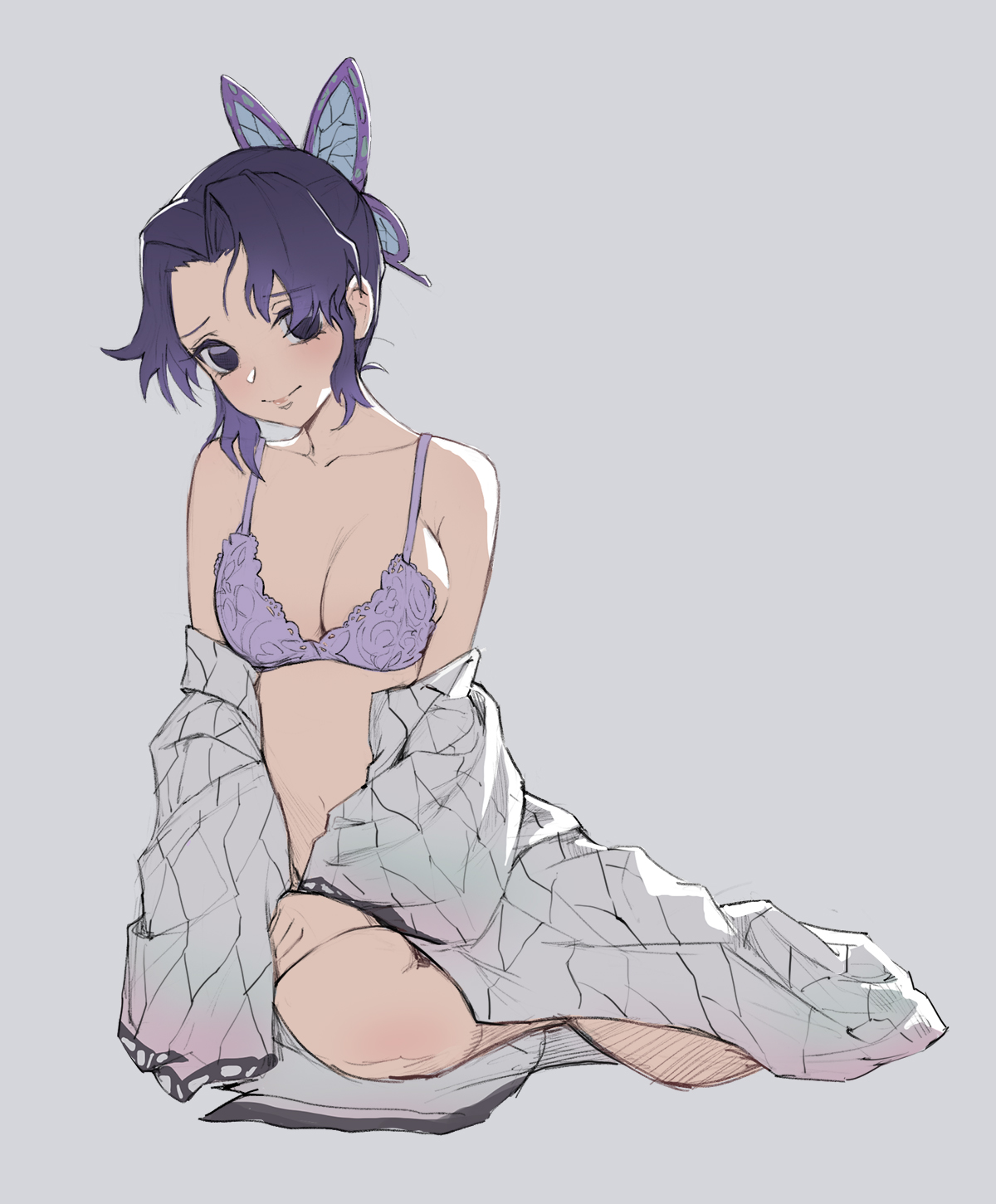 1girls, bra, breasts, butterfly hair ornament, cleavage, cute, demon slayer, female, female only, full body, haori, jason kim, kimetsu no yaiba, kochou shinobu, lace-trimmed bra, looking at viewer, medium breasts, off shoulder, purple bra, purple eyes, purple hair, purple-haired female, sitting, smile, solo