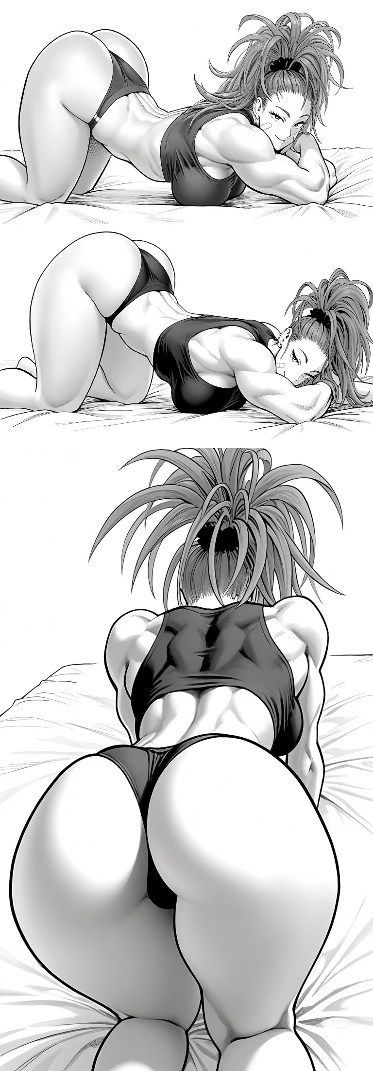 ai generated, aiartopm, all fours, ass focus, ass up, big ass, big breasts, captain mizuki, clothed, face down ass up, female, female only, looking at viewer, manga style, muscular female, one-punch man, pov, smiling at viewer, top-down bottom-up