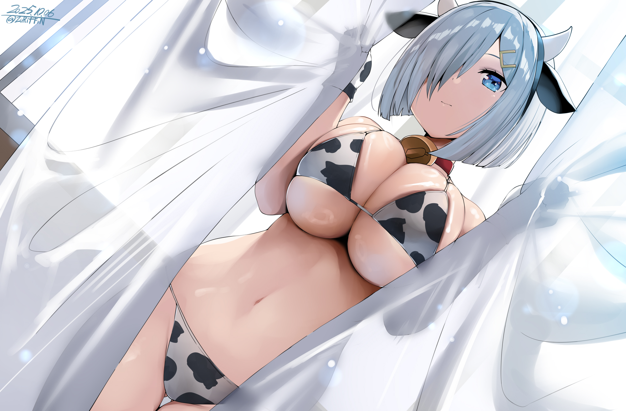 1girls, animal collar, animal ears, animal print, belko, bikini, black bikini, blue eyes, breasts, cleavage, collar, collarbone, cow ears, cow horns, cow print, cow print bikini, cowbell, curtains, dated, expressionless, fake animal ears, fake horns, gloves, grey hair, hair ornament, hair over one eye, hairclip, hamakaze (kantai collection), hi res, highres, horns, kantai collection, large breasts, multicolored bikini, navel, print bikini, short hair, sideboob, stomach, swimsuit, thighs, underboob, white bikini, white gloves, wide hips